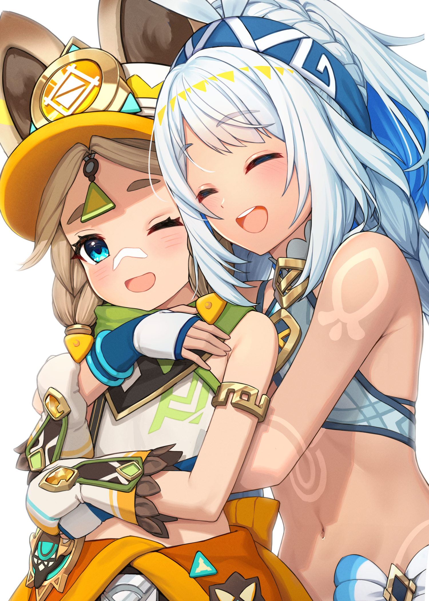 kapa draws, kachina (genshin impact), mualani (genshin impact), genshin impact, commentary request, highres, 2girls, ^ ^, animal ears, bare shoulders, blue eyes, blush, brown hair, closed eyes, crop top, fingerless gloves, gloves, green scarf, hat, hug, hug from behind, long hair, midriff, mittens, multiple girls, navel, one eye closed, open mouth, orange hat, scarf, stomach, tan, tanline, teeth, upper teeth only, visor cap, white hair, white mittens