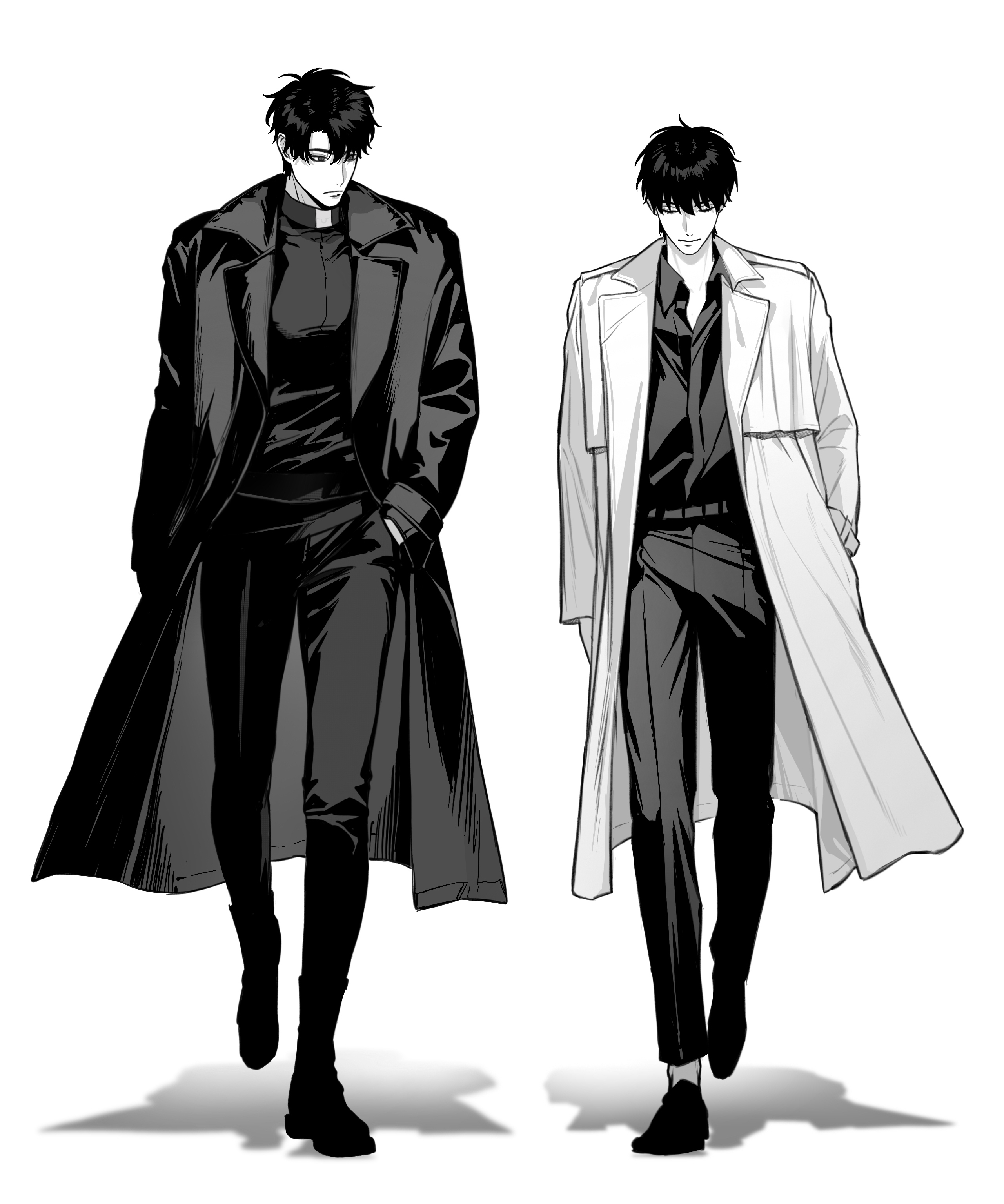 kim dokja, yoo joonghyuk, omniscient reader's viewpoint, absurdres, highres, 2boys, black coat, black eyes, black hair, coat, double-parted bangs, full body, hair between eyes, hands in pockets, head tilt, looking at another, male focus, multiple boys, open clothes, open coat, popped collar, short hair, stella 37, toned, toned male, walking, walking towards viewer, white coat