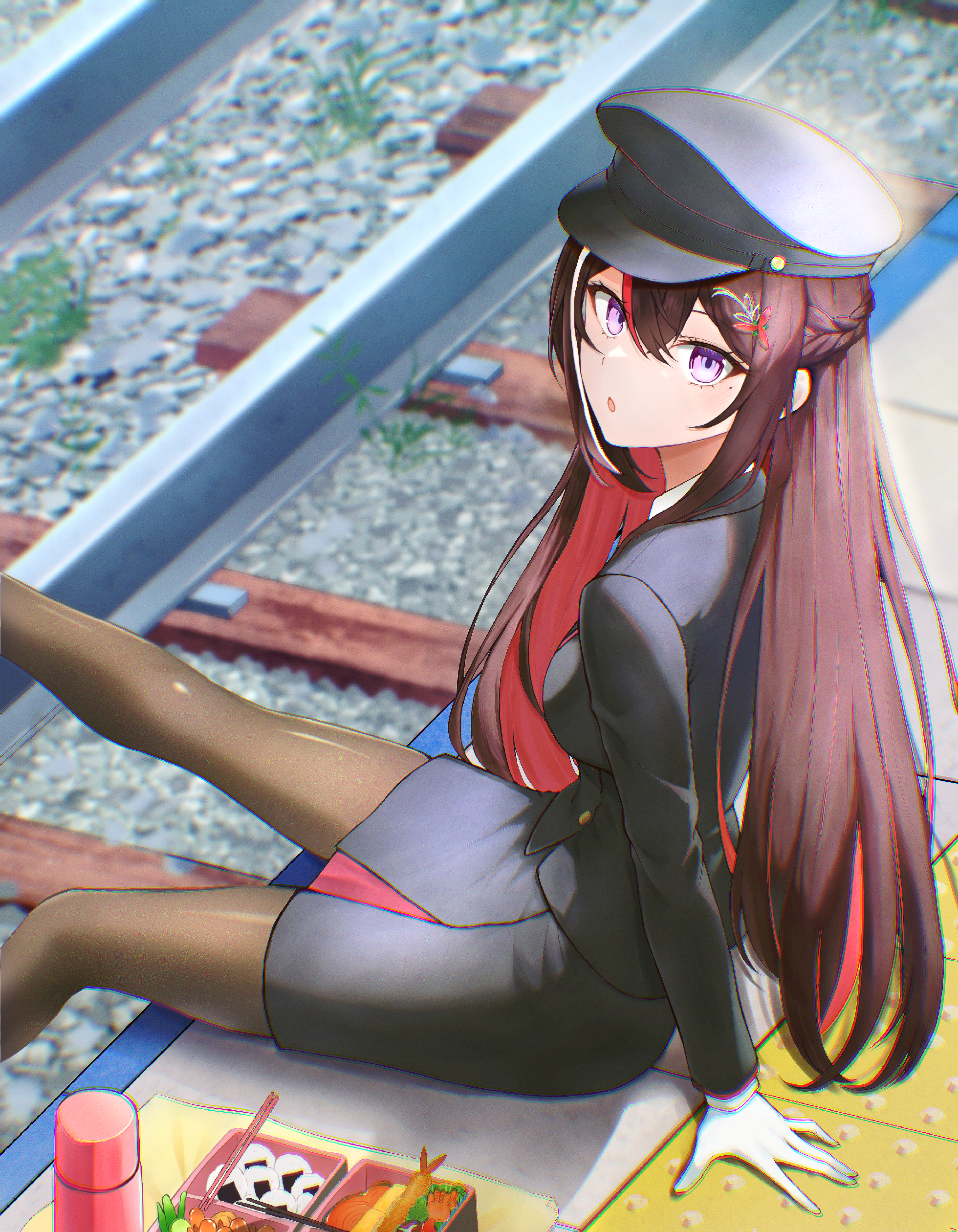 azki (hololive), hololive, absurdres, highres, 1girl, :o, alternate costume, bento, black hair, black jacket, black pantyhose, black skirt, blazer, braid, brown hair, colored inner hair, food, formal clothes, gloves, hair between eyes, hair ornament, hairclip, half updo, hat, jacket, long hair, long sleeves, looking at viewer, multicolored hair, official alternate hair length, official alternate hairstyle, open mouth, pantyhose, peaked cap, pencil skirt, pink hair, purple eyes, railroad tracks, red hair, shrimp, sidelocks, sitting, skirt, skirt suit, solo, streaked hair, suit, thermos, virtual youtuber, vmerin, white gloves, white hair
