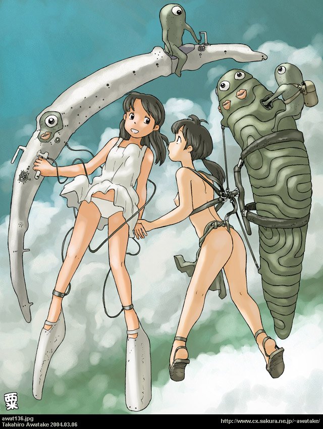 awatake takahiro, 00s, 2004, 2girls, alien, artist name, black hair, cloud, creature, dated, dress, flying, fundoshi, harness, japanese clothes, multiple girls, outdoors, panties, pantyshot, ponytail, sky, smile, topless female, underwear, watermark, web address, wedgie