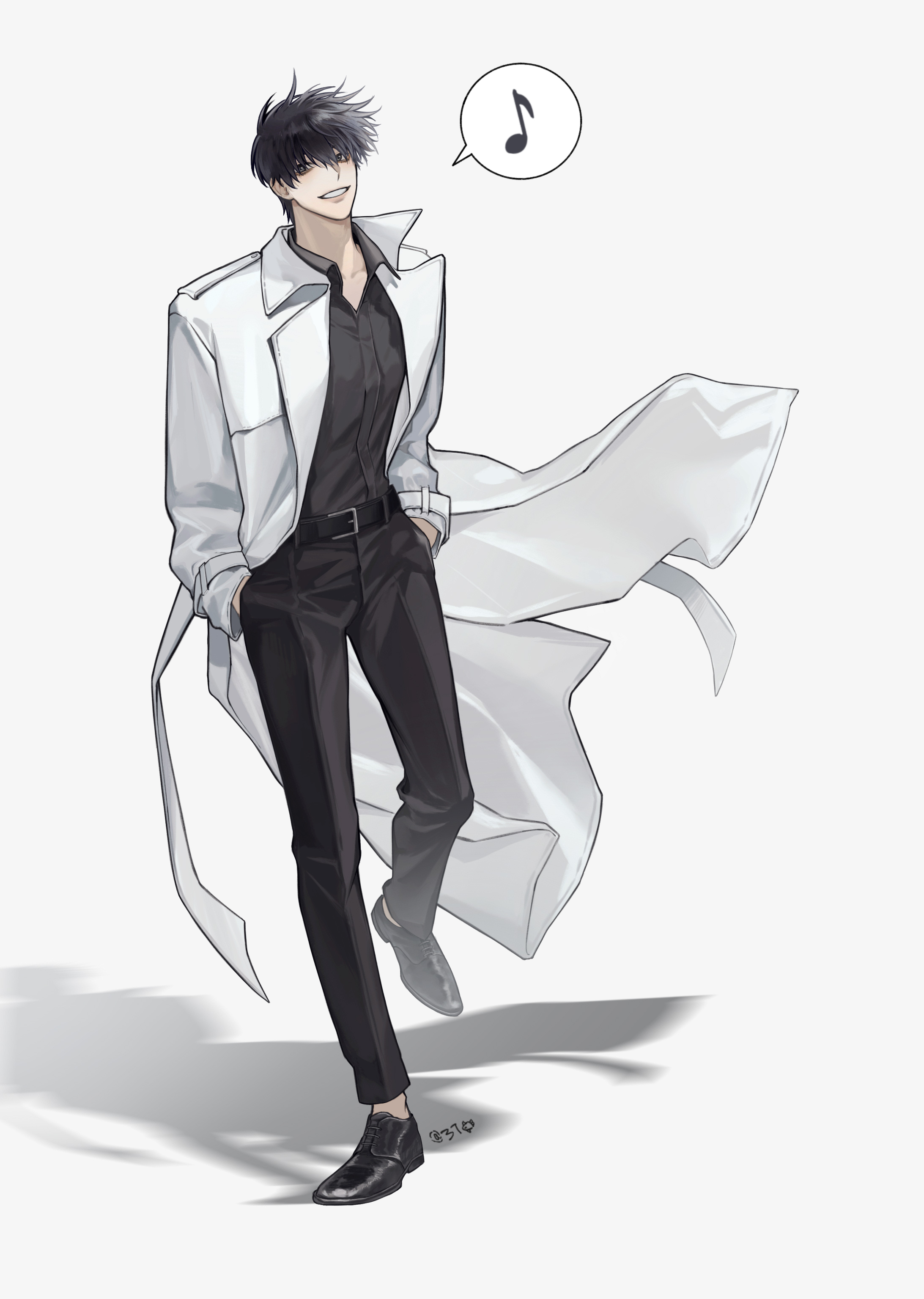 kim dokja, omniscient reader's viewpoint, absurdres, highres, 1boy, black hair, black shirt, coat, collared shirt, grin, hands in pockets, looking at viewer, male focus, musical note, open clothes, open coat, popped collar, shirt, short hair, smile, solo, spoken musical note, standing, standing on one leg, stella 37, white coat