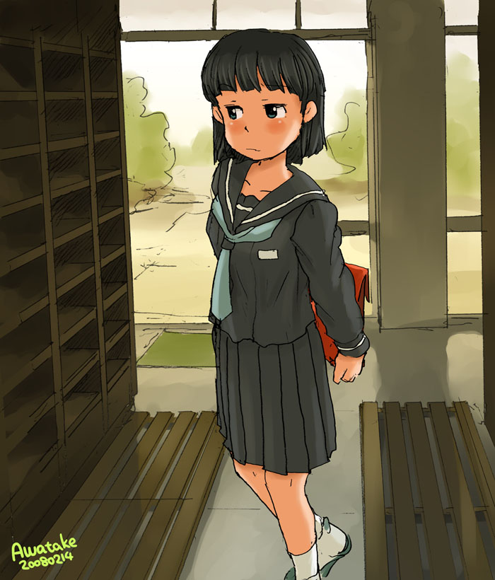 awatake takahiro, 00s, 1girl, 2008, artist name, black hair, black serafuku, blush, dated, female focus, getabako, green eyes, school, school uniform, serafuku, shoes, short hair, solo, uwabaki, valentine