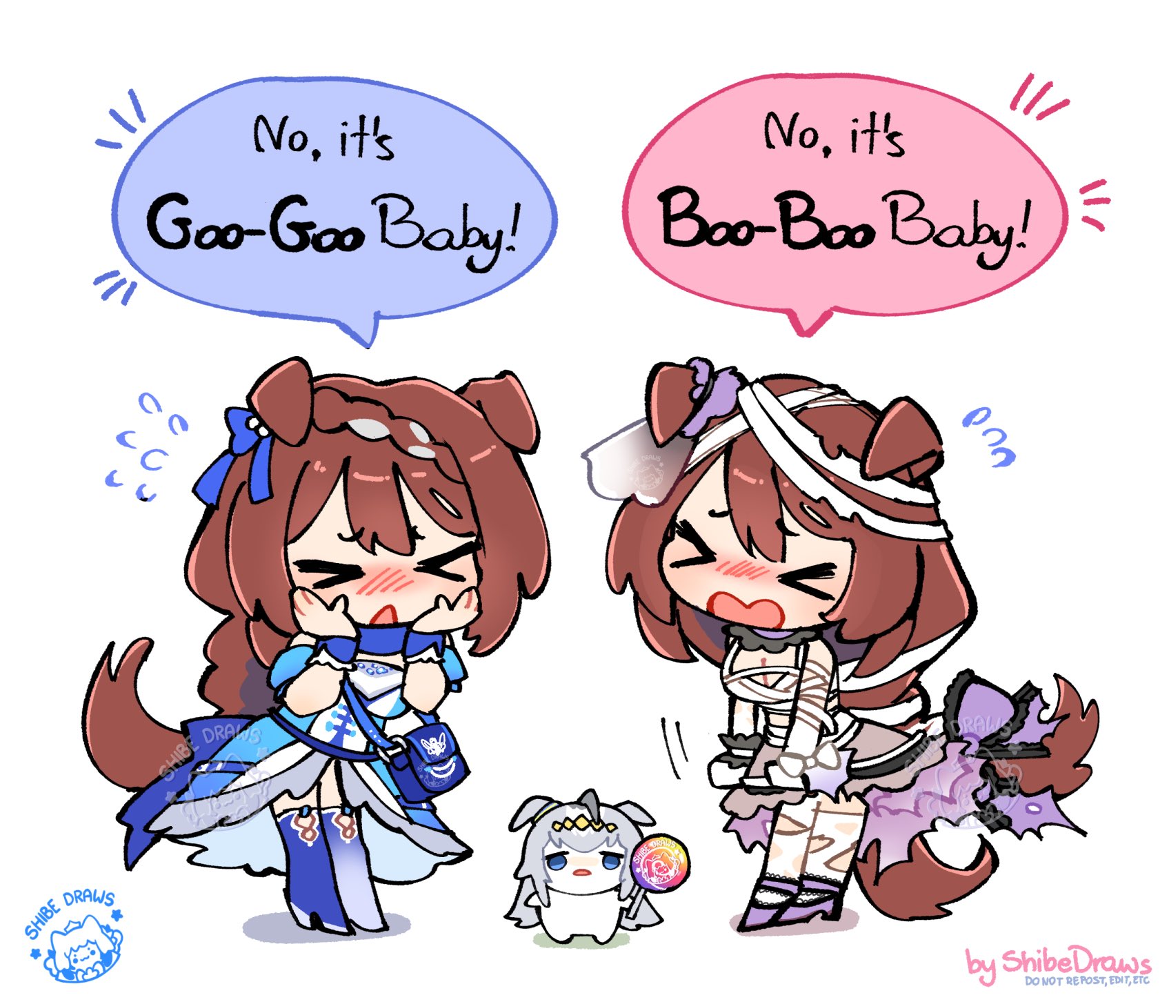 shibedraws, oguri cap (umamusume), super creek (murmuring stream) (umamusume), super creek (umamusume), umamusume, highres, > <, 3girls, ahoge, animal ears, bandage on hair, bandaged arm, bandaged hand, bandaged head, bandaged torso, bandages, blue bag, blue boots, blue dress, blue eyes, blue scarf, blush, boots, bow, braid, braided ponytail, breasts, brown hair, candy, cleavage, closed eyes, dress, ear bow, ear ribbon, ear scrunchie, ears down, english text, food, grey hair, hair between eyes, hair ornament, hairband, halloween, halloween costume, hands on own face, holding, holding candy, holding food, holding lollipop, horse ears, horse girl, horse tail, lollipop, long hair, low-tied long hair, medium breasts, multicolored hair, multiple girls, mummy costume, official alternate costume, open mouth, scarf, shoes, skirt, speech bubble, streaked hair, super creek (chiffon-wrapped mummy) (umamusume), tail, thigh boots, thighhighs, torn bandages, very long hair, white hair, white thighhighs