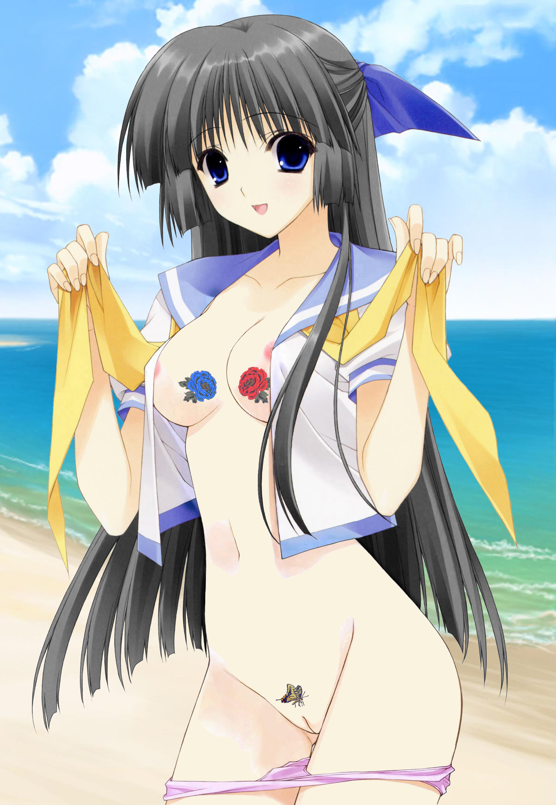 suzuhira hiro, absurdres, highres, 1girl, breasts, female focus, nipples, panties, panty pull, pussy, school uniform, solo, tattoo, uncensored, underwear