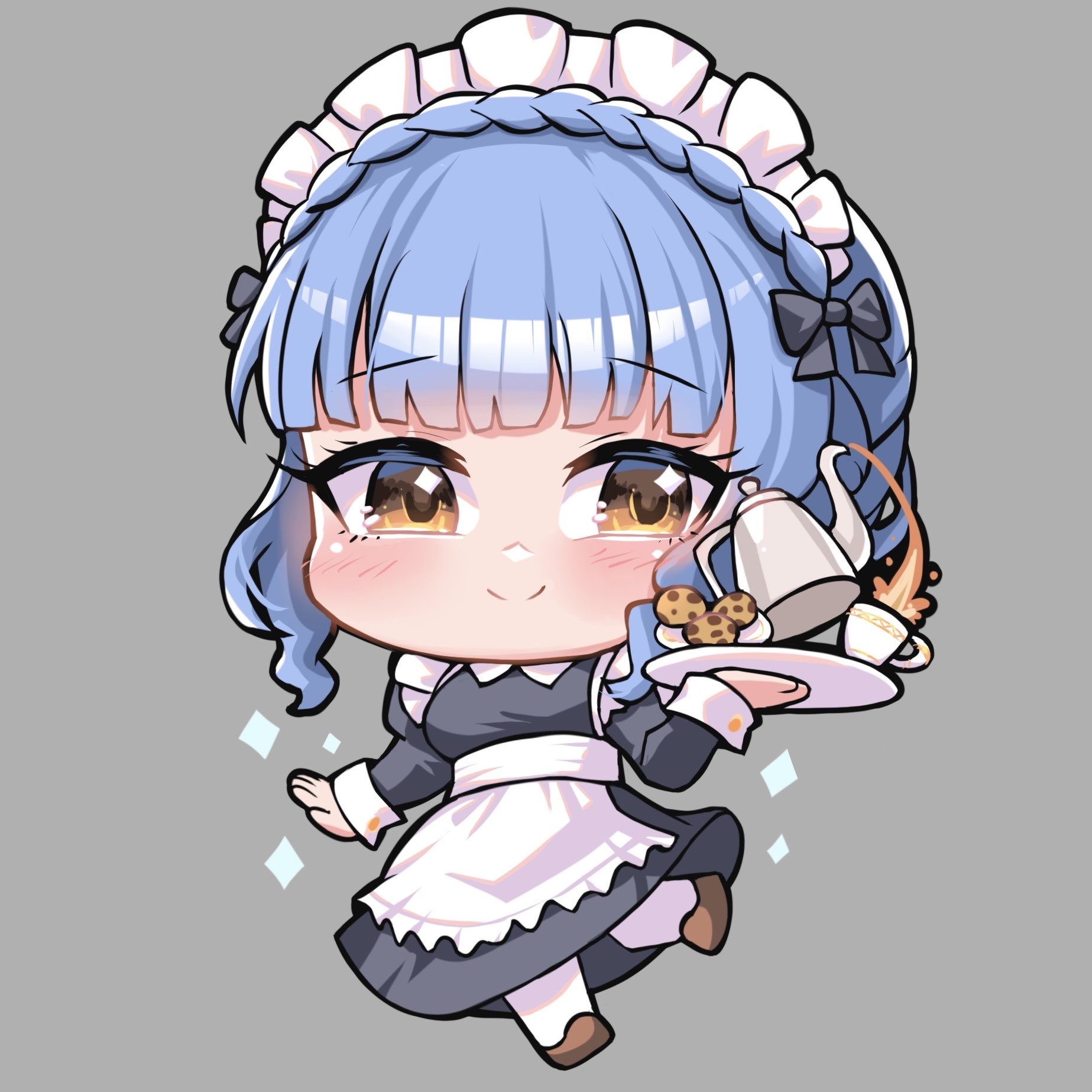 burnt green tea, marianne von edmund, fire emblem, fire emblem: three houses, nintendo, highres, 1girl, apron, black bow, black dress, black pantyhose, blue hair, blush, bow, braid, breasts, brown eyes, chibi, chibi only, closed mouth, cookie, crown braid, cup, dress, food, full body, hair bow, holding, holding tray, long sleeves, looking at viewer, maid, maid apron, maid headdress, medium hair, pantyhose, simple background, smile, solo, sparkle, tea, teacup, teapot, tray, white apron, white headdress