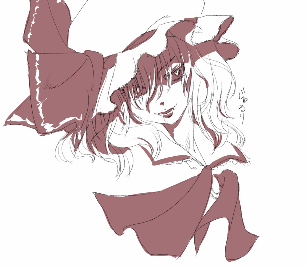 meranie, remilia scarlet, touhou, artist request, 1girl, bow, crazy eyes, fangs, female focus, hat, monochrome, ribbon, short hair, sketch, smirk, solo, upper body