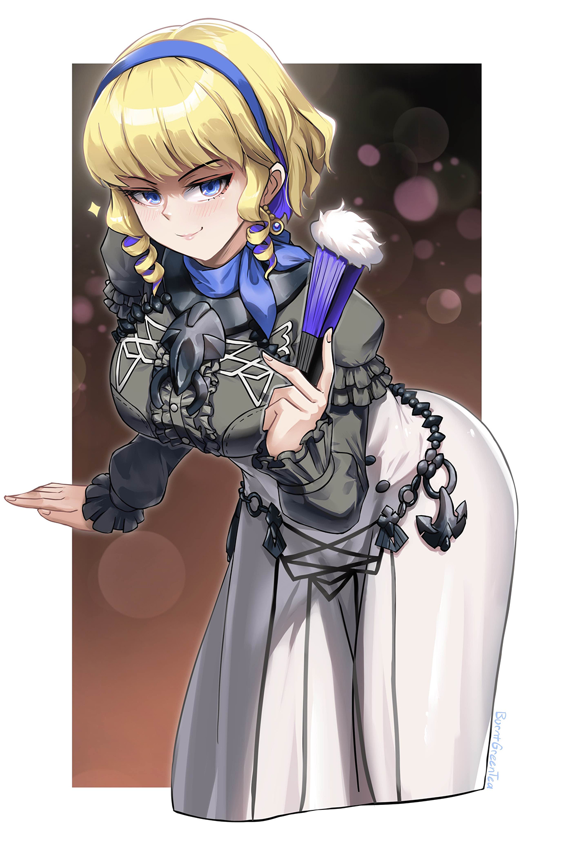 burnt green tea, constance von nuvelle, fire emblem, fire emblem: three houses, nintendo, highres, 1girl, blonde hair, blue choker, blue eyes, blue hairband, blush, breasts, choker, closed mouth, colored inner hair, dress, drill hair, drill sidelocks, earrings, garreg mach monastery uniform, grey dress, hairband, hand fan, holding, holding fan, jewelry, large breasts, leaning forward, long sleeves, looking at viewer, multicolored hair, purple hair, scarf choker, short hair, sidelocks, smile, solo, two-tone hair