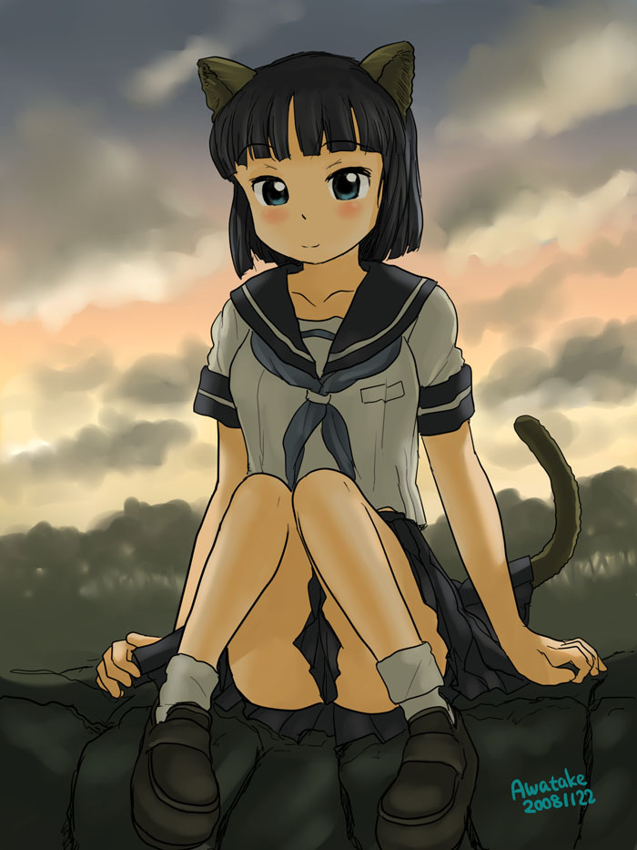 awatake takahiro, 00s, 1girl, 2008, animal ears, artist name, black hair, blush, bobby socks, cat ears, cat tail, cloud, dated, female focus, loafers, looking at viewer, outdoors, school uniform, shoes, short hair, sitting, sky, smile, socks, solo, tail