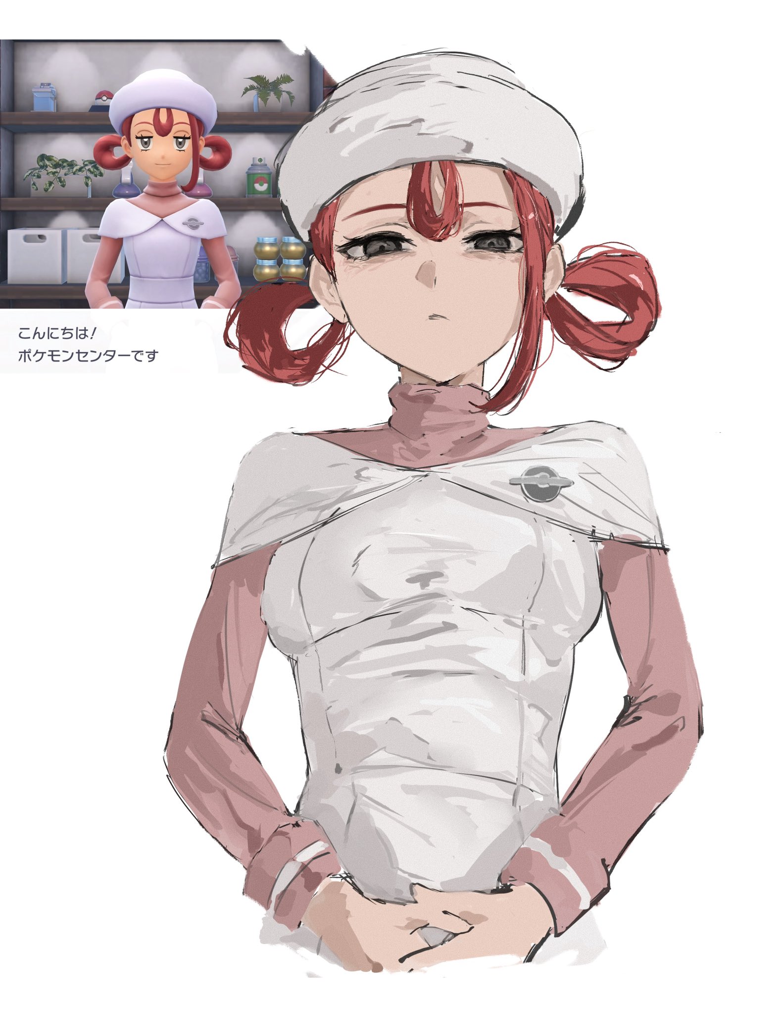 raberu ruru, joy (pokemon), nintendo, pokemon, pokemon legends: z-a, highres, 1girl, apron, breasts, dress, game screenshot inset, grey eyes, hair rings, hat, long sleeves, looking at viewer, medium hair, nurse, nurse cap, pink dress, pink hair, upper body, white apron