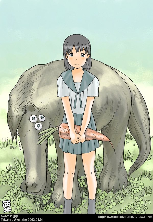 awatake takahiro, 00s, 1girl, 2002, alien, animal, artist name, black hair, carrot, creature, dated, extra eyes, female focus, looking at viewer, outdoors, school uniform, serafuku, short hair, smile, solo, v arms, watermark, web address