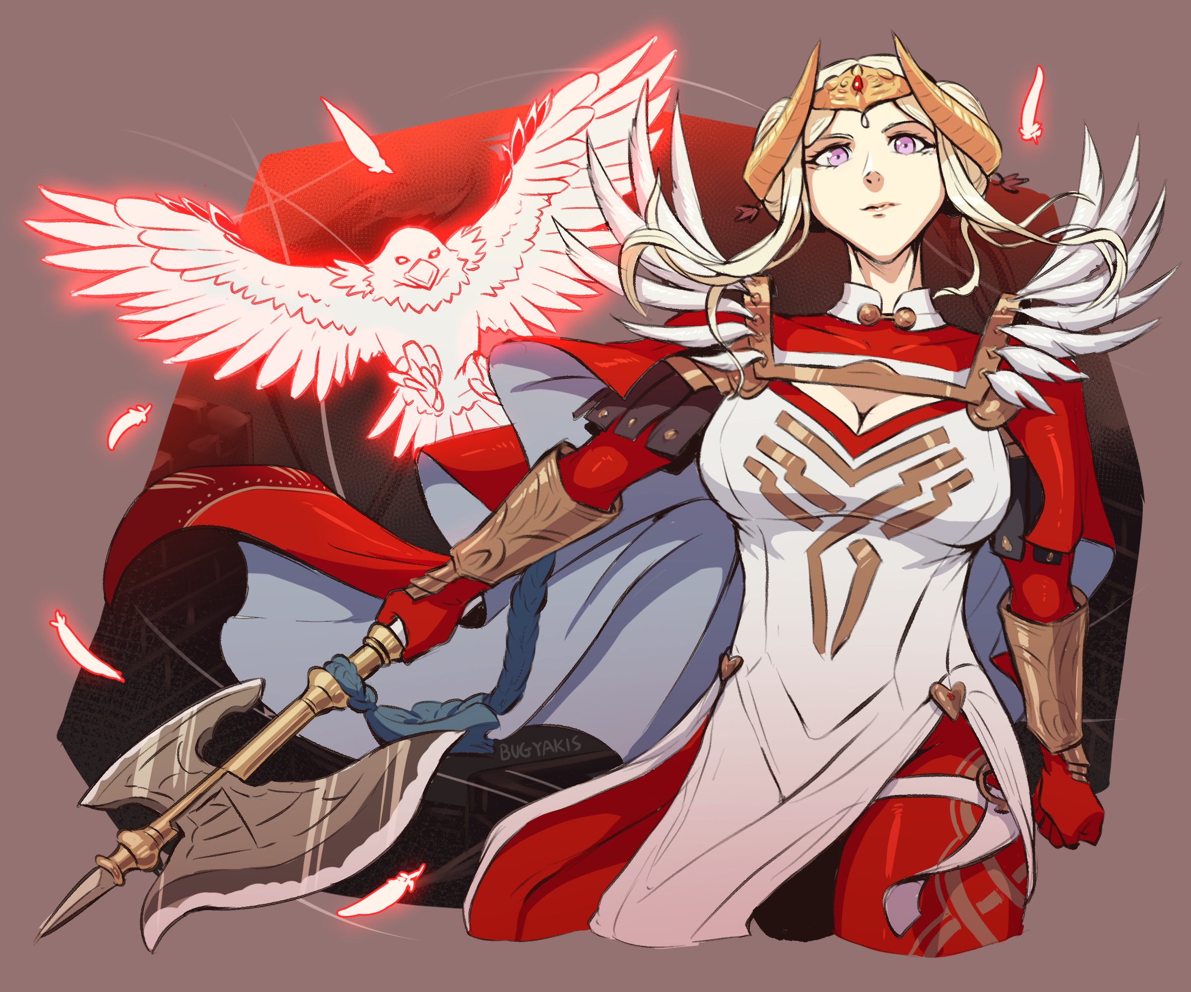 bugyakis, edelgard von hresvelg, edelgard von hresvelg (adrestian emperor), edelgard von hresvelg (adrestian emperor) (resplendent), edelgard von hresvelg (timeskip), fire emblem, fire emblem: three houses, fire emblem heroes, nintendo, highres, 1girl, axe, battle axe, bird, breasts, cape, cleavage, cleavage cutout, clothing cutout, dress, eagle, fake horns, feather trim, gloves, hair bun, hair ornament, headpiece, holding, holding axe, horned headwear, horned tiara, horns, large breasts, long hair, looking at viewer, official alternate costume, pantyhose, purple eyes, red cape, red gloves, red pantyhose, solo, tiara, two-sided cape, two-sided fabric, weapon, white dress, white hair