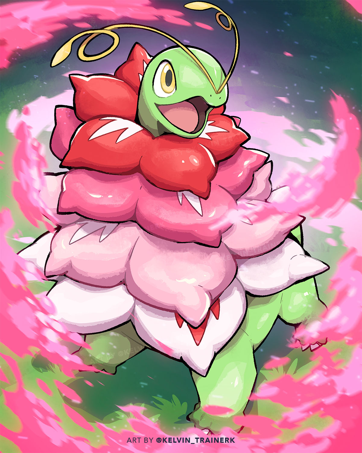kelvin-trainerk, mega meganium, meganium, nintendo, pokemon, pokemon legends: z-a, highres, antennae, colored skin, flower, gen 2 pokemon, green skin, long neck, mega pokemon, no humans, open mouth, petals, pokemon (creature), pokemon focus, sauropod, smile, solo, tail, yellow eyes