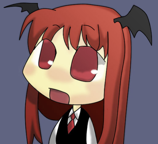 chitugo, reymu, koakuma, embodiment of scarlet devil, touhou, 1girl, bat wings, female focus, head wings, long hair, red hair, solo, wings
