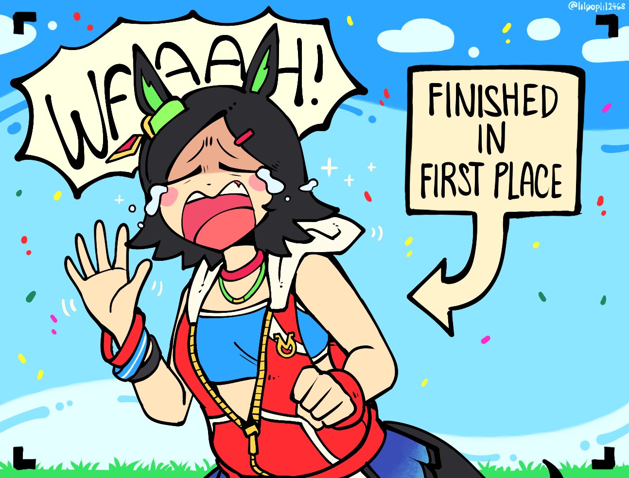 lilpoplil2468, winning ticket (get to winning!) (umamusume), winning ticket (umamusume), umamusume, 1girl, animal ears, arrow (symbol), bandeau, black hair, blue bandeau, blue skirt, blue sky, blue sports bra, blush, blush stickers, breasts, closed eyes, confetti, crying, facing viewer, hair ornament, hairclip, hood, hoodie, horse ears, horse girl, horse tail, jacket, low-cut armhole, open mouth, parted bangs, red jacket, short hair, skirt, sky, sleeveless, sleeveless hoodie, sleeveless jacket, solo, speech bubble, sports bra, tail, tears, waving, wristband