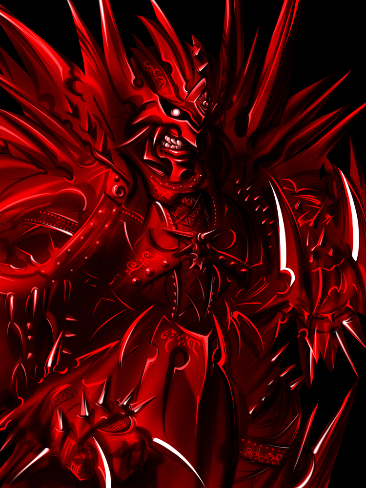 fabel, fabel (pixiv109259), original, 1boy, armor, male focus, monochrome, red theme, solo