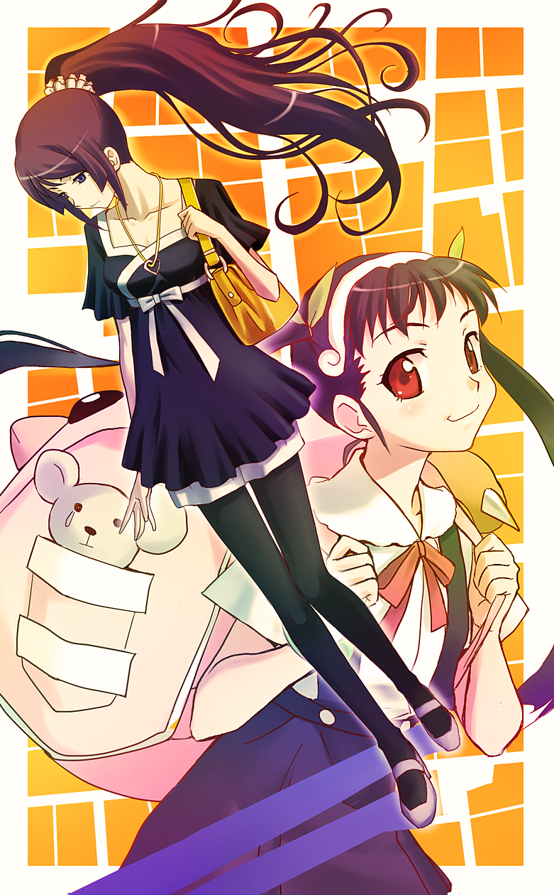 yusao, hachikuji mayoi, senjougahara hitagi, bakemonogatari, monogatari (series), highres, 00s, 2girls, backpack, bag, black hair, blue eyes, hairband, hairdressing, heart, jewelry, long hair, multiple girls, necklace, pantyhose, ponytail, purple hair, randoseru, red eyes, school uniform, scrunchie, shoes, stuffed animal, stuffed toy, teddy bear, thighhighs, twintails