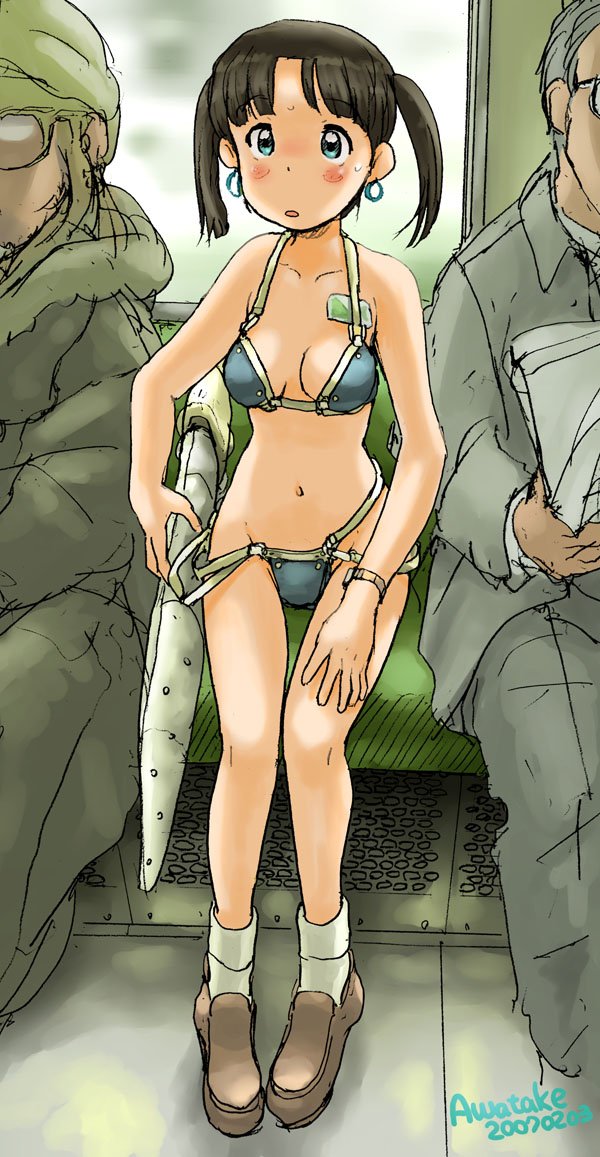 awatake takahiro, 00s, 1girl, 2007, 2boys, armor, artist name, bikini armor, black hair, blue eyes, blush, bobby socks, dated, earrings, glasses, jewelry, loafers, multiple boys, shoes, sitting, socks, sword, train interior, twintails, weapon