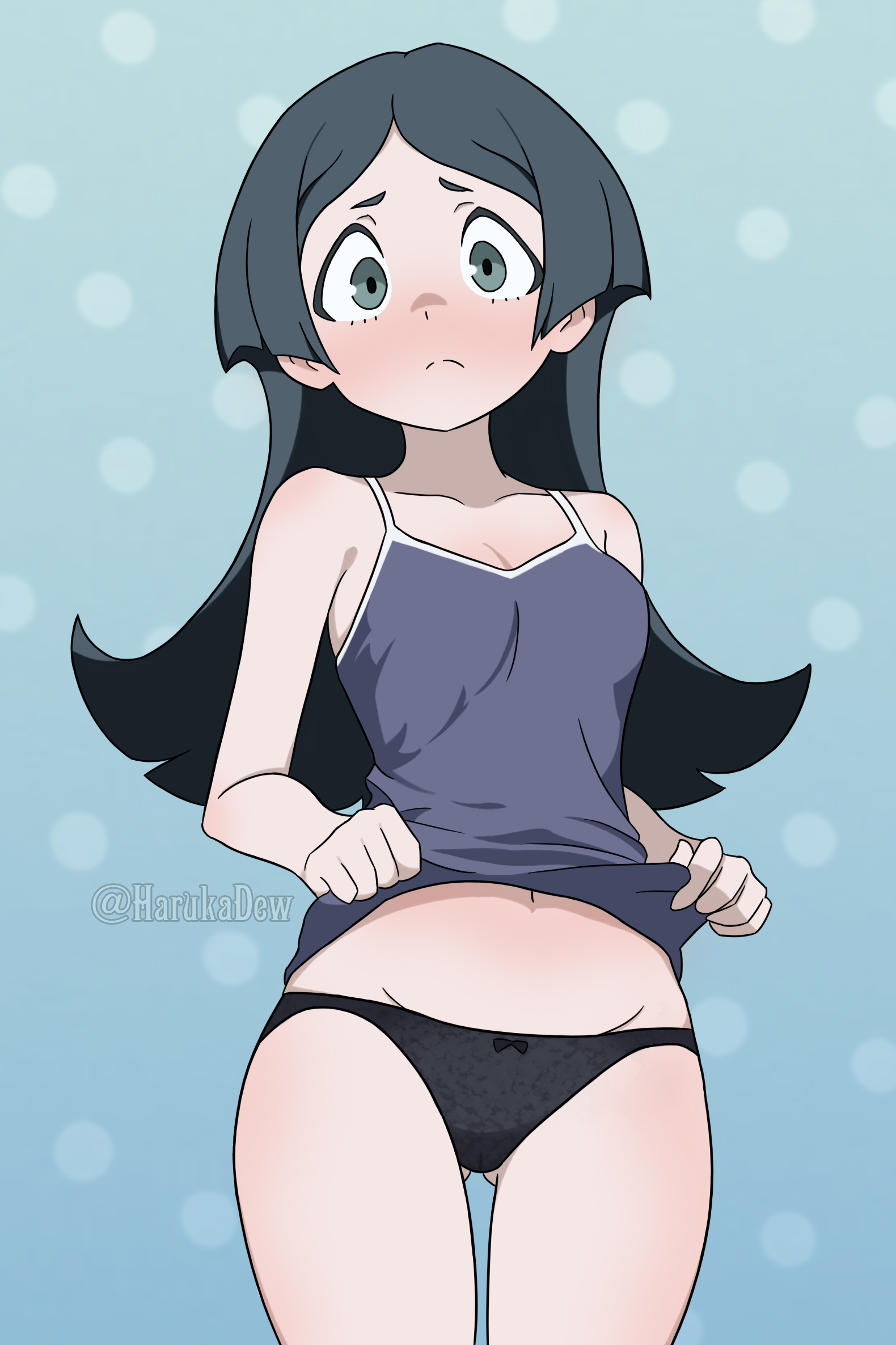 harukadew, barbara parker, little witch academia, highres, 1girl, black hair, black panties, blue eyes, blue shirt, blush, cameltoe, closed mouth, clothes lift, collarbone, long hair, looking at viewer, navel, panties, shirt, shirt lift, signature, solo, underwear