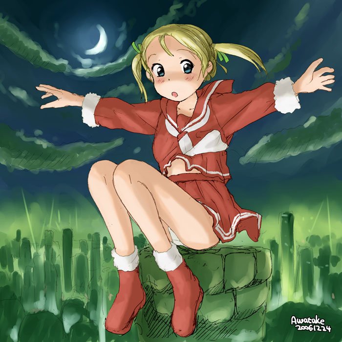 awatake takahiro, 00s, 1girl, 2006, artist name, blonde hair, blue eyes, blush, chimney, cloud, crescent moon, dated, looking at viewer, moon, night, night sky, outdoors, outstretched arms, panties, pantyshot, santa costume, school uniform, serafuku, sitting, sky, twintails, underwear, white panties