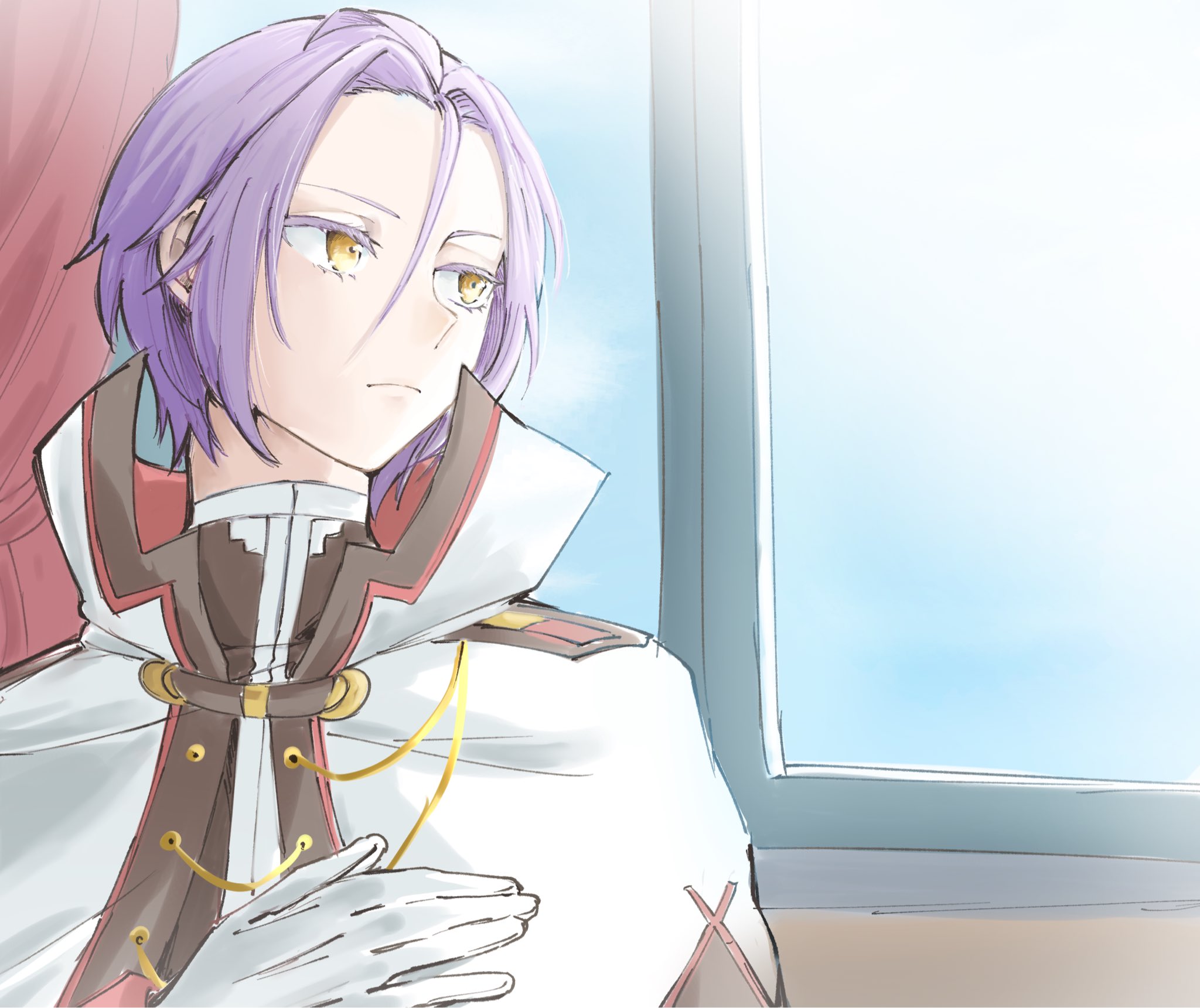 julius juukulius, re:zero kara hajimeru isekai seikatsu, highres, 1boy, black shirt, cape, closed mouth, curtains, gagamu8888, gloves, hair between eyes, hand on own chest, high collar, jacket, knight, looking to the side, male focus, purple hair, serious, shirt, short hair, solo, white gloves, white jacket, window, yellow eyes