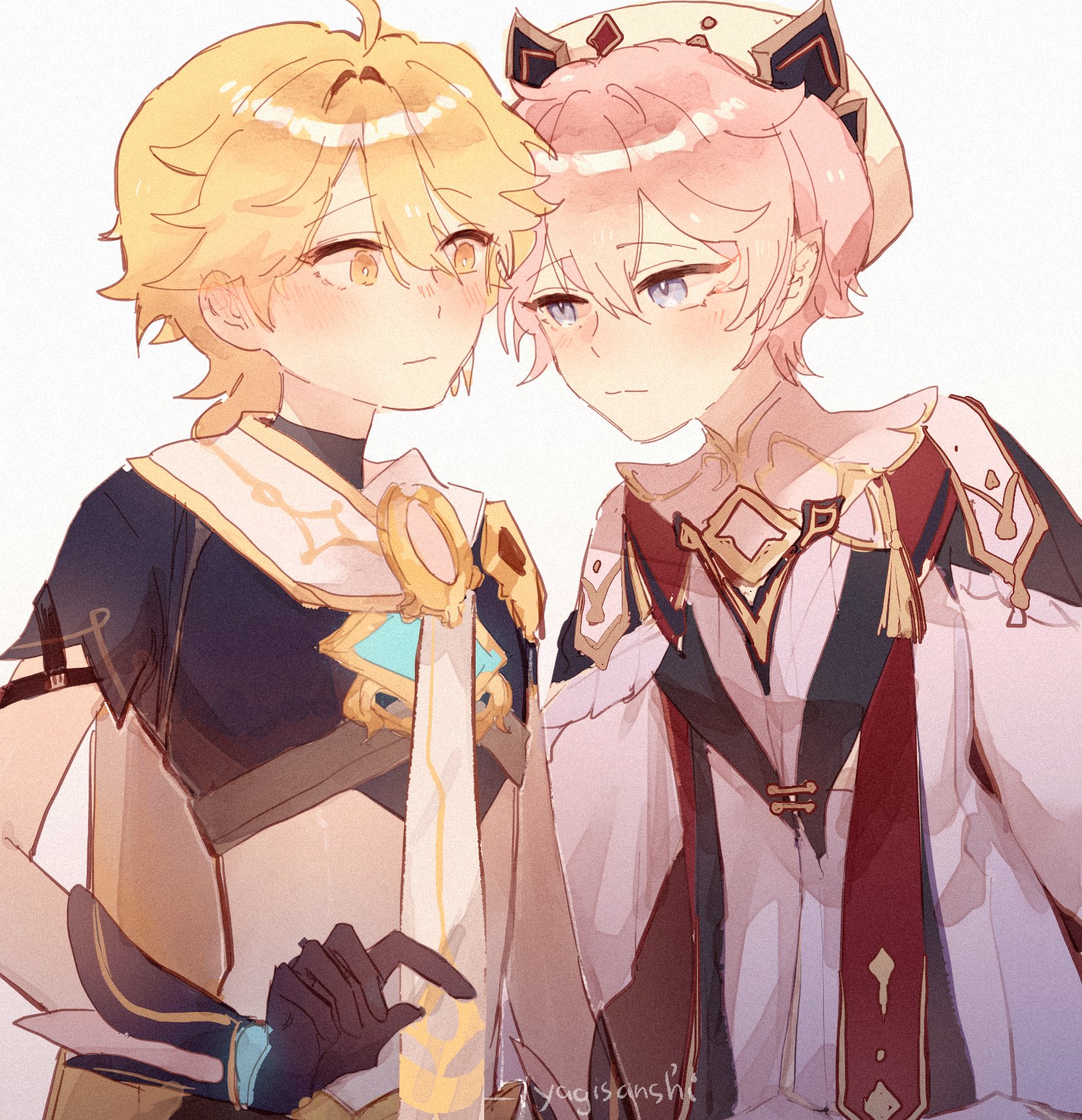 yaginori, aether (genshin impact), dahlia (genshin impact), genshin impact, commentary, english commentary, highres, 2boys, ahoge, arm armor, armor, artist name, beret, black gloves, black shirt, blonde hair, blue eyes, blush, braid, bright pupils, cape, closed mouth, earrings, gloves, gold trim, hair between eyes, hand up, hat, jewelry, long hair, long sleeves, looking at another, male focus, midriff, multiple boys, open clothes, open vest, pink hair, pointy ears, puffy long sleeves, puffy sleeves, red vest, scarf, shirt, short hair, short sleeves, shoulder armor, simple background, single braid, single earring, standing, tassel, vest, white background, white hat, white pupils, white scarf, white shirt, yellow cape, yellow eyes