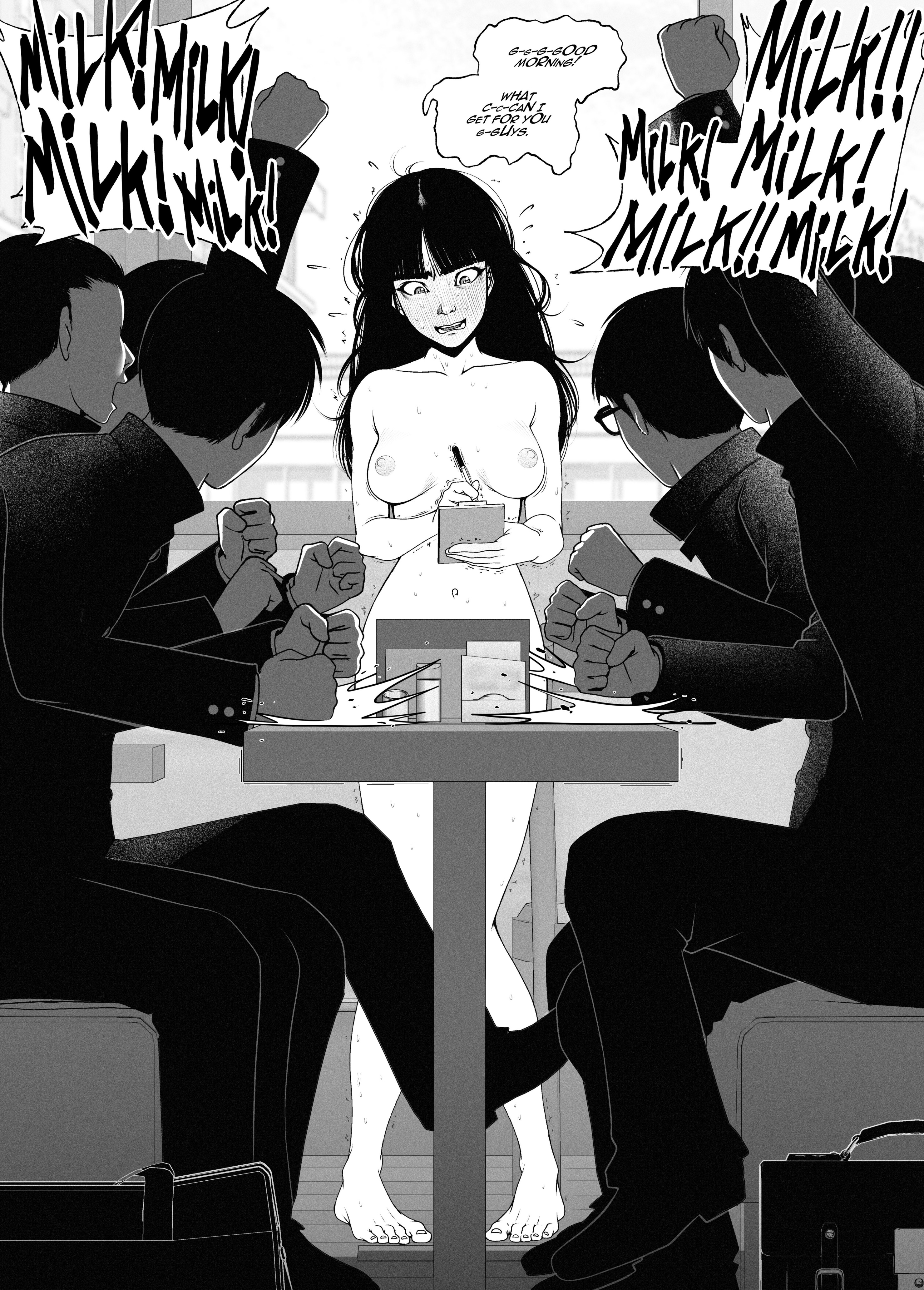 kusujinn, absurdres, highres, non-web source, black hair, blush, humiliation, milk, navel, nipples, nude, public indecency, public nudity, restaurant, sentenced to nudity