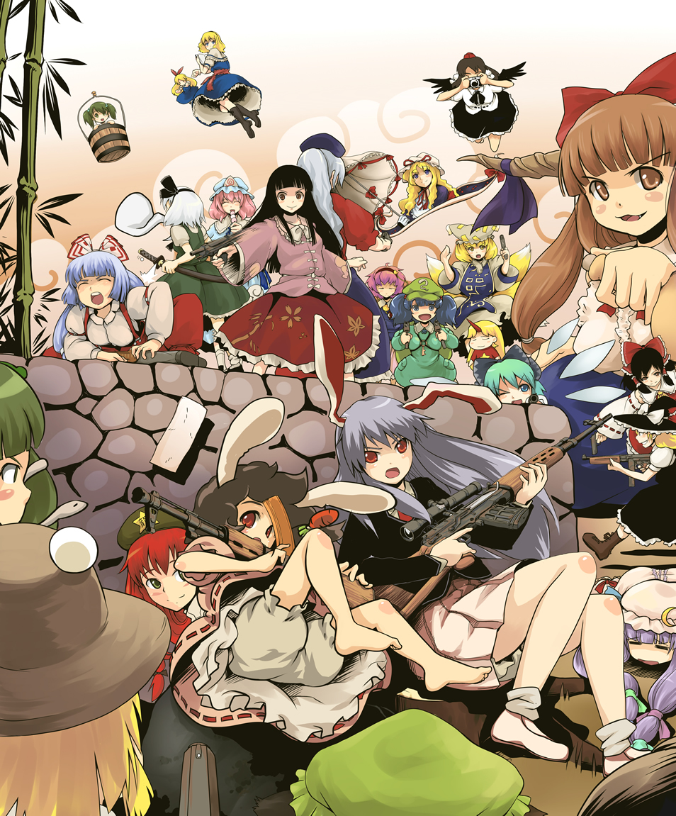 daizu (323449), daizu sanchi, alice margatroid, chen, cirno, fujiwara no mokou, hakurei reimu, hong meiling, hoshiguma yuugi, houraisan kaguya, ibuki suika, inaba tewi, kawashiro nitori, kirisame marisa, kisume, kochiya sanae, komeiji satori, konpaku youmu, konpaku youmu (ghost), moriya suwako, patchouli knowledge, reisen udongein inaba, saigyouji yuyuko, shameimaru aya, shanghai doll, yagokoro eirin, yakumo ran, yakumo yukari, touhou, wall, 6+girls, ak-47, ak-74, animal ears, animal hat, assault rifle, bamboo, bamboo forest, barefoot, black hair, blonde hair, bloomers, blue hair, brown hair, bucket, bullpup, camera, detached sleeves, dragunov svd, everyone, feet, forest, gap (touhou), giant, giantess, green hair, gun, handgun, hat, hitodama, horns, in bucket, in container, kalashnikov rifle, katana, long hair, long sleeves, machine gun, mini person, minigirl, mob cap, multiple girls, muzzle device, nature, parasol, pink hair, pistol, purple hair, rabbit ears, red hair, rifle, scope, shoes, short hair, short sleeves, single horn, sniper rifle, socks, star (symbol), stone wall, submachine gun, sword, tassel, thompson submachine gun, thumbhole stock, trigger discipline, two side up, umbrella, underwear, weapon, white hair, wide sleeves