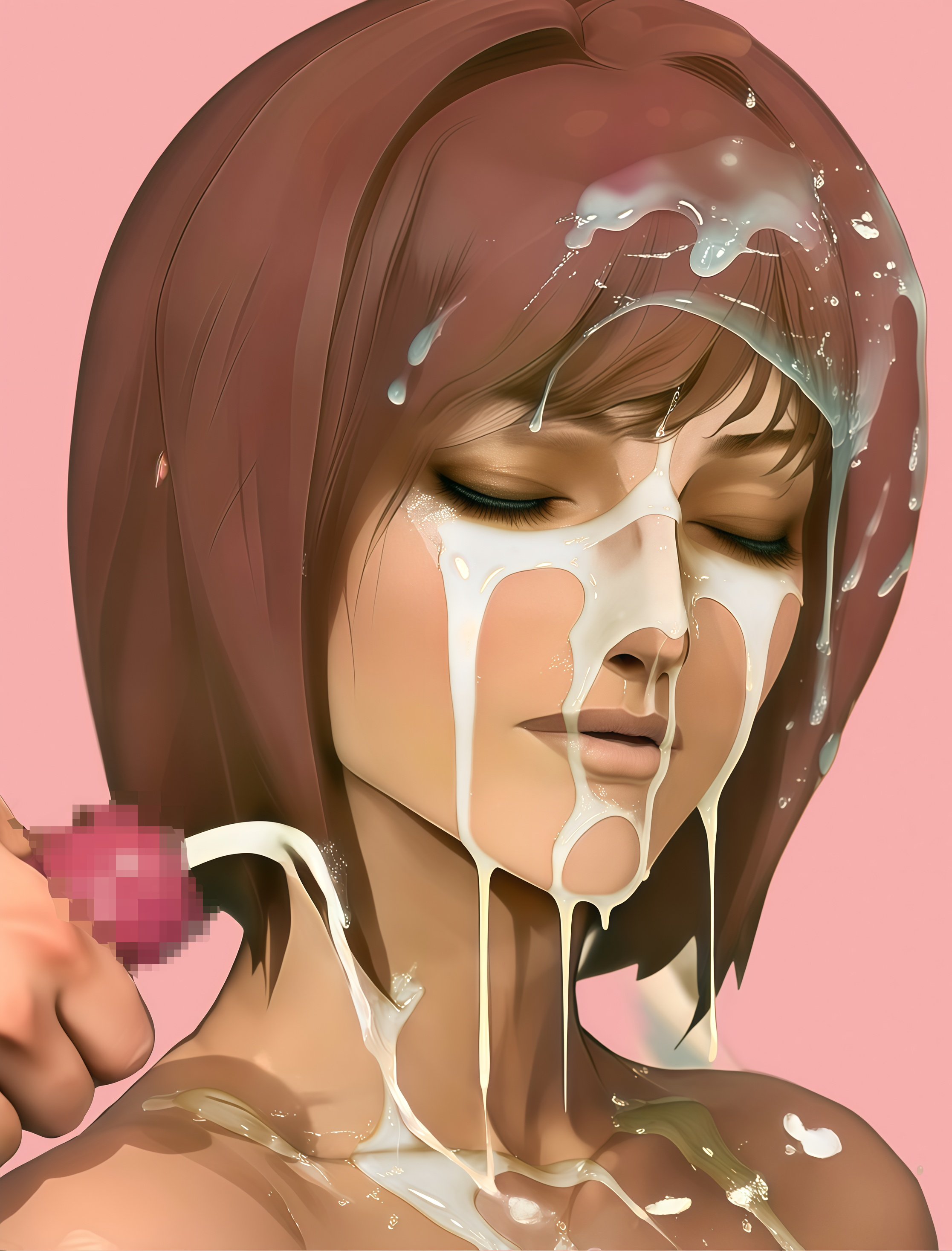 nel zelpher, star ocean, star ocean: till the end of time, absurdres, ai-assisted, highres, censored, close-up, closed eyes, cum, cum on body, disembodied penis, facial, ish33r, penis, red hair, short hair