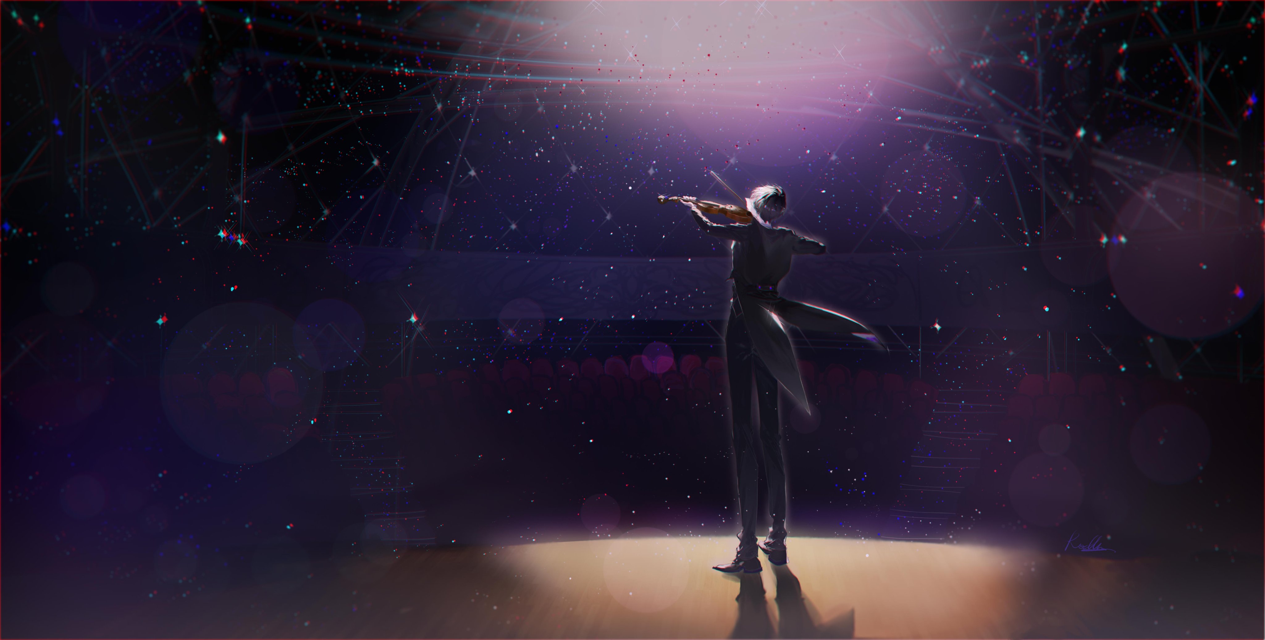 roellm, kim dokja, omniscient reader's viewpoint, absurdres, highres, 1boy, black coat, black hair, blurry, bokeh, chromatic aberration, coat, collared shirt, depth of field, from behind, full body, holding, holding instrument, holding violin, instrument, lens flare, light particles, male focus, music, playing instrument, shirt, short hair, solo, spotlight, stage, standing, theater, violin, white shirt, wide shot, wooden floor