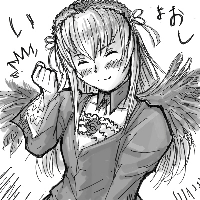 tsuda nanafushi, suigintou, rozen maiden, lowres, 00s, greyscale, hairband, monochrome, solo, wings