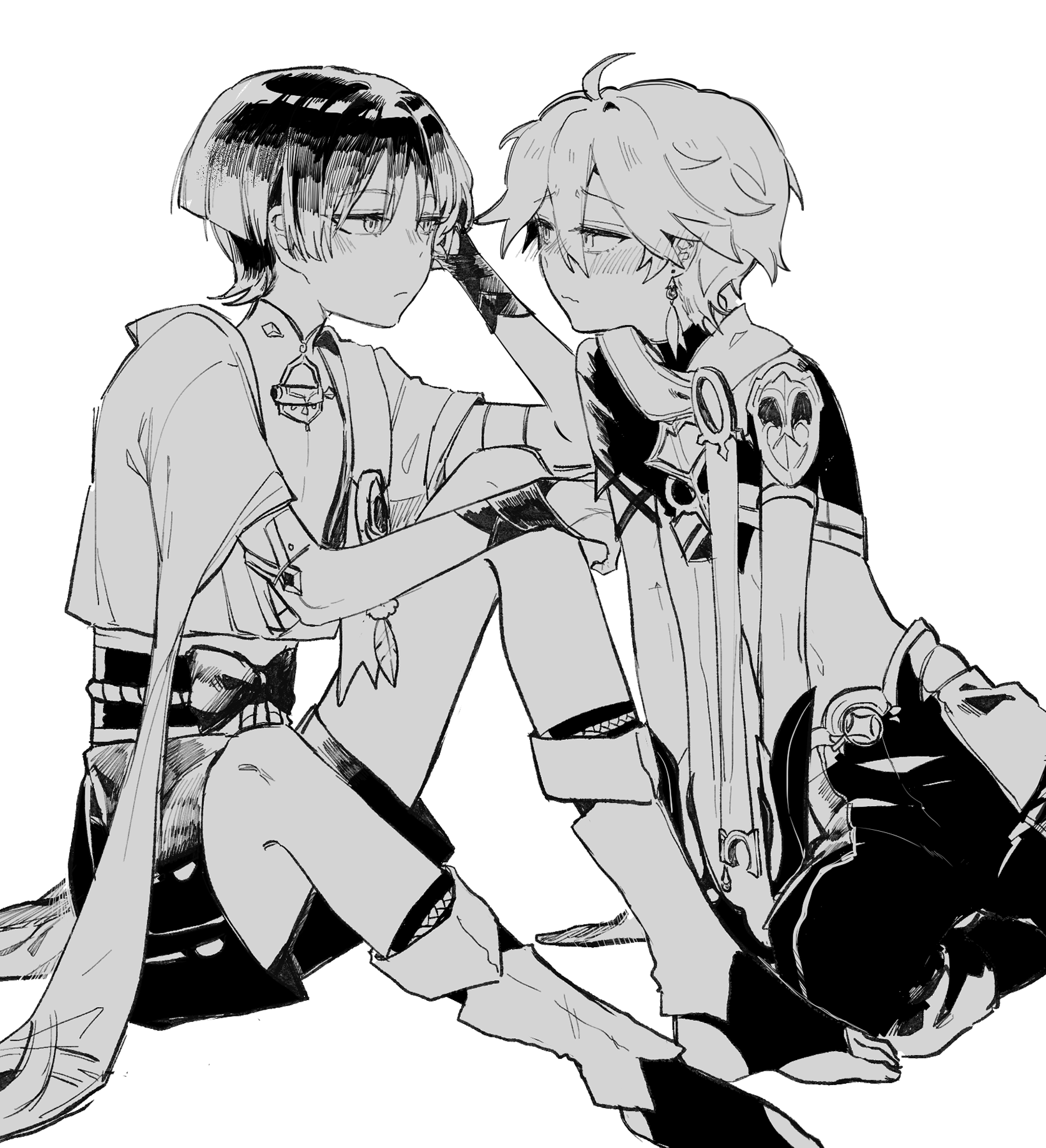 yaginori, aether (genshin impact), scaramouche (genshin impact), wanderer (genshin impact), genshin impact, highres, 2boys, ahoge, arm armor, armor, baggy pants, belt, blunt ends, blush, bow, braid, bridal gauntlets, clenched hand, closed mouth, earrings, full body, gloves, greyscale, hair between eyes, half-closed eyes, han'eri, hand on own head, hand up, jewelry, leaf, leg warmers, long hair, looking at another, low-braided long hair, low-tied long hair, male focus, mandarin collar, midriff, monochrome, multiple boys, navel, no headwear, open clothes, open vest, pants, pom pom (clothes), ring, sandals, scarf, shirt, short hair, short sleeves, shoulder armor, shy, simple background, single braid, single earring, sitting, sleeveless, sleeveless shirt, socks, star (symbol), vest, wavy mouth