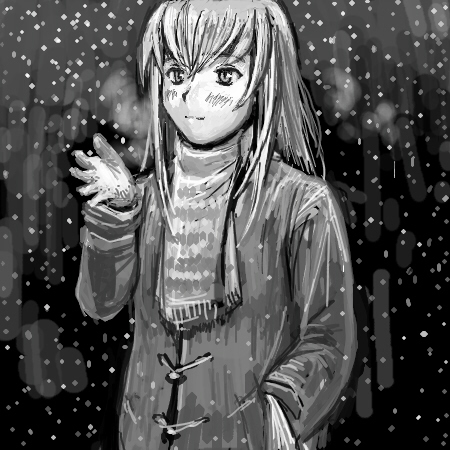 tsuda nanafushi, suigintou, rozen maiden, lowres, 00s, aged up, cold, gloves, greyscale, monochrome, scarf, snow, solo