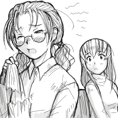 tsuda nanafushi, sakurada nori, suigintou, rozen maiden, lowres, 00s, aged up, casual, glasses, greyscale, monochrome, tissue