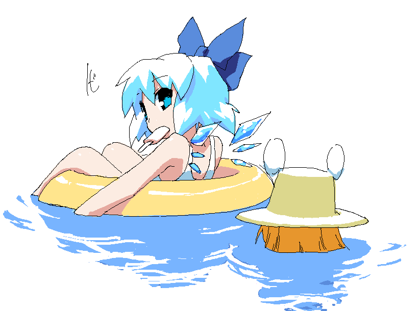 tonbi, cirno, moriya suwako, touhou, bad id, bad pixiv id, 2girls, blonde hair, blue eyes, blue hair, bow, food, hair bow, hat, ice cream, innertube, multiple girls, oekaki, ribbon, swim ring, water