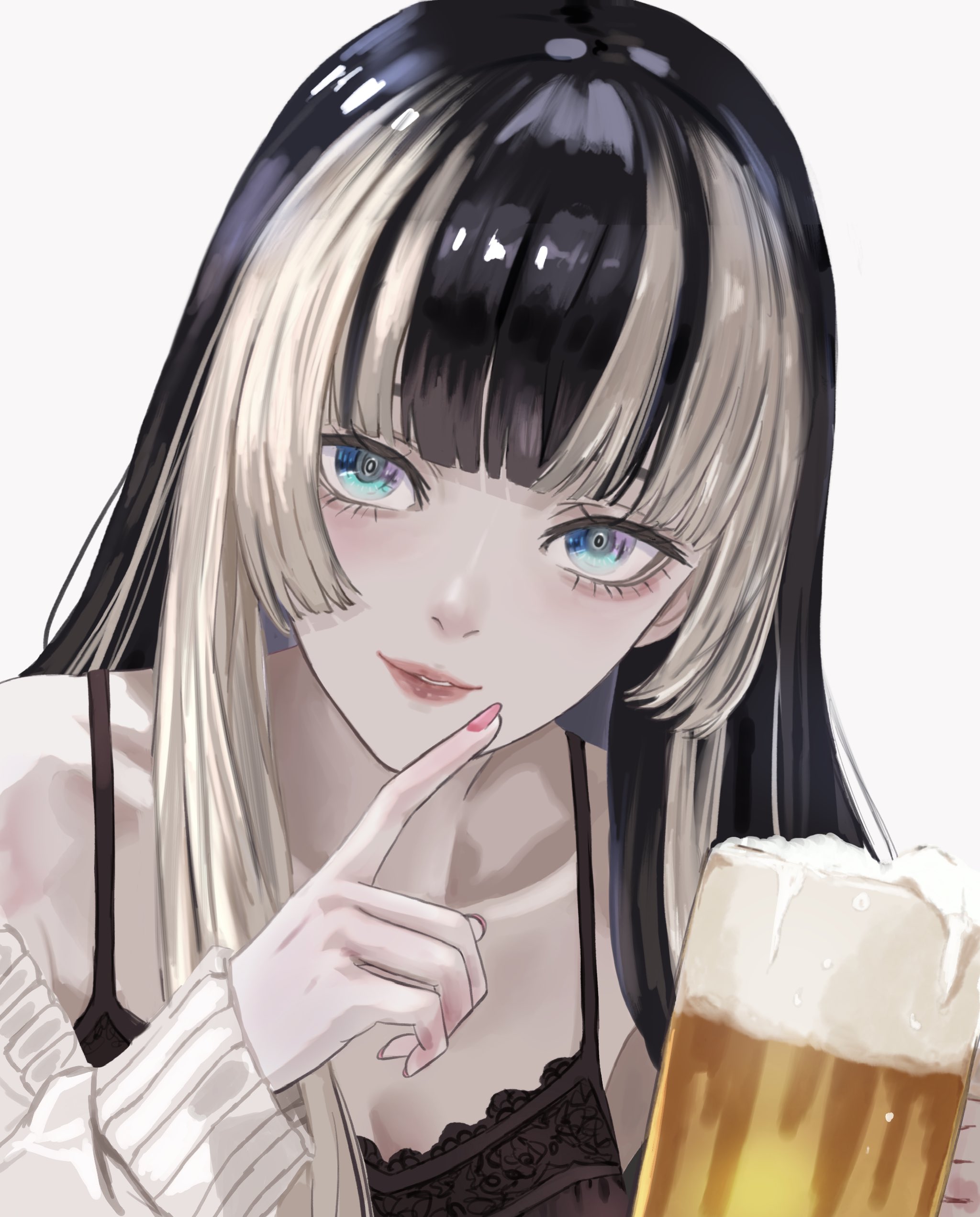 dhbwinner, juufuutei raden, hololive, hololive dev is, absurdres, commentary request, highres, 1girl, alcohol, alternate costume, beer, beer mug, black camisole, black hair, blue eyes, camisole, cardigan, collarbone, cup, finger to own chin, grey background, grey cardigan, hime cut, long hair, looking at viewer, mug, multicolored eyes, multicolored hair, off shoulder, pink lips, pink nails, portrait, solo, two-tone hair, virtual youtuber, white hair