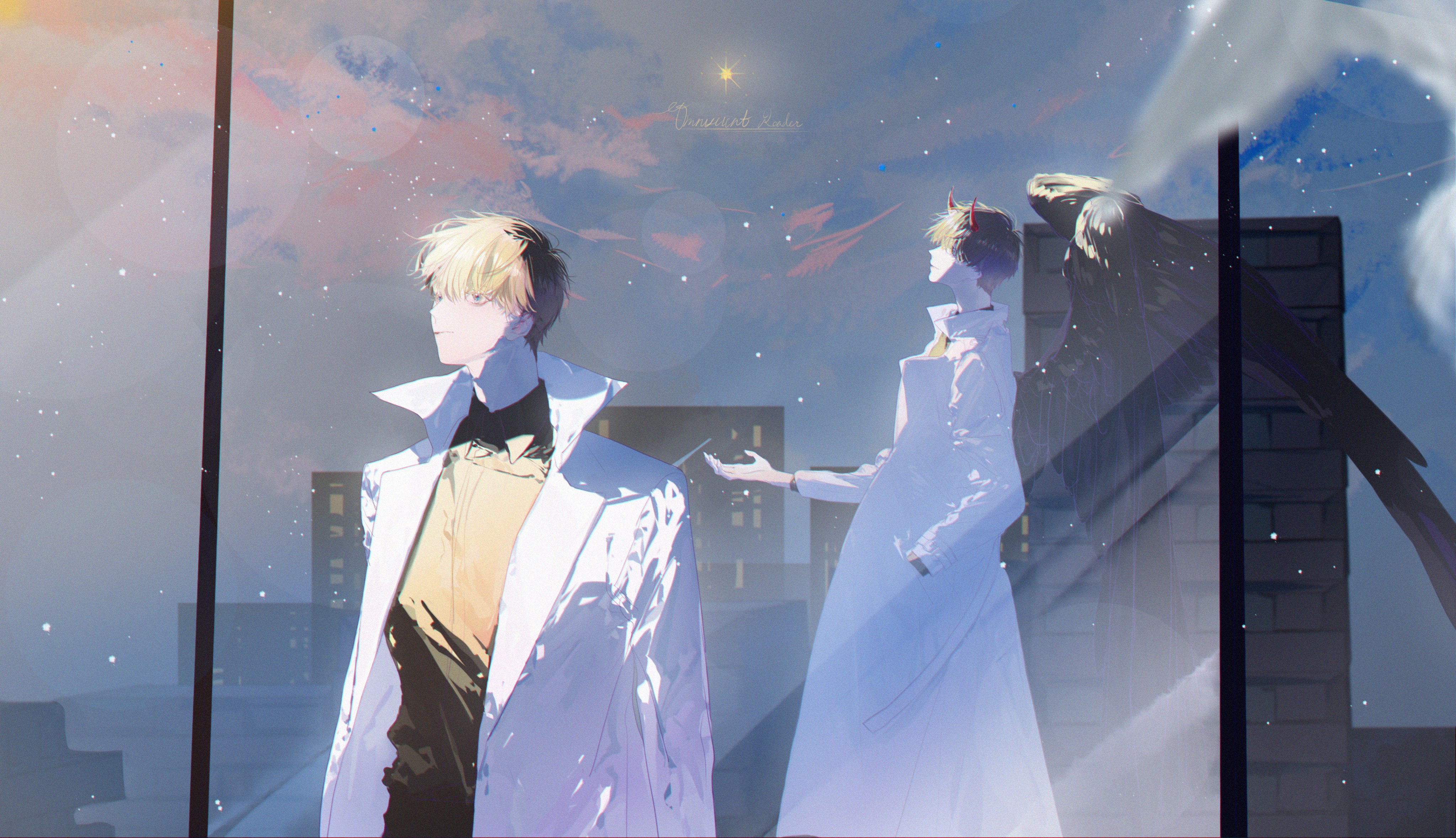 roellm, kim dokja, omniscient reader's viewpoint, absurdres, highres, 1boy, black eyes, black hair, black shirt, black wings, building, coat, collared shirt, cowboy shot, demon horns, different reflection, dual persona, feathered wings, hand in pocket, horns, lens flare, light particles, official alternate costume, open clothes, open coat, outstretched hand, reflection, shirt, short hair, sky, skyscraper, star (sky), starry sky, white coat, wings