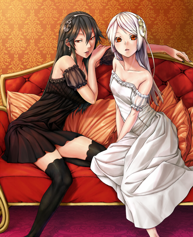 inuzuka bouru, apple inc., bad id, bad pixiv id, 2girls, apple, bare shoulders, black dress, black hair, black thighhighs, couch, digital media player, dress, food, fruit, hairband, ipod, multiple girls, off shoulder, personification, pillow, red eyes, red upholstery, strapless, strapless dress, thighhighs, white dress, white hair