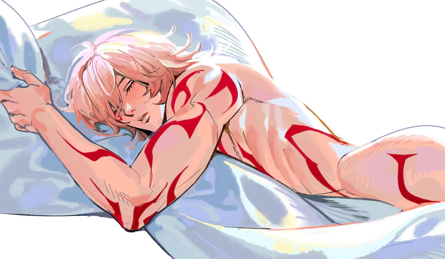 mydei (honkai: star rail), honkai: star rail, honkai (series), 1boy, arm tattoo, blonde hair, blush, chest tattoo, closed mouth, eyelashes, facial tattoo, lips, male focus, medium hair, mismatched eyebrows, multiple tattoos, narrow waist, nose, nude, parted lips, pocaari, red tattoo, simple background, sleeping, solo, tattoo, teeth, white background