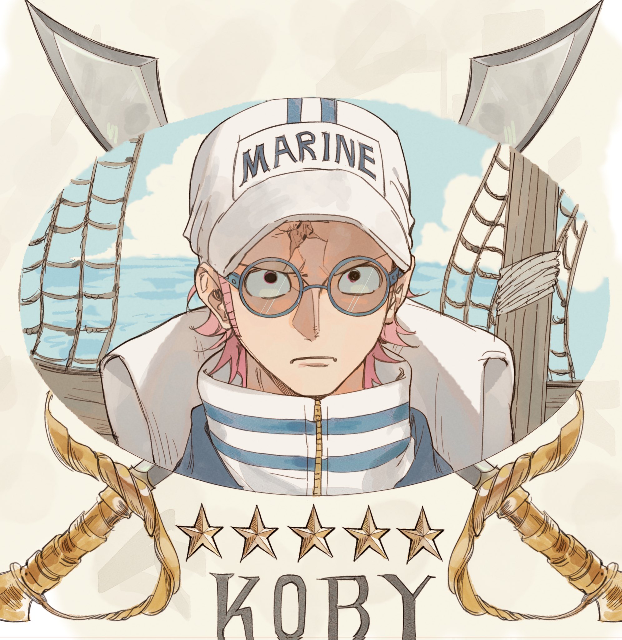 pachi1014813, koby (one piece), one piece, commentary, highres, symbol-only commentary, 1boy, character name, closed mouth, glasses, hat, high collar, looking at viewer, male focus, outdoors, pink hair, scar, scar on face, short hair, shroud (sailing), sideburns, solo, star (symbol), sword, weapon