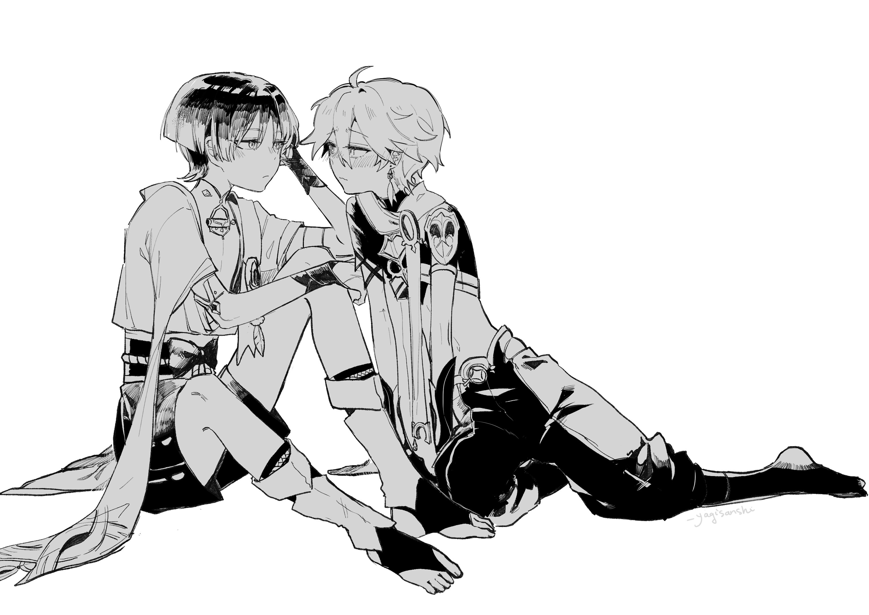 yaginori, aether (genshin impact), scaramouche (genshin impact), wanderer (genshin impact), genshin impact, highres, 2boys, ahoge, arm armor, armor, baggy pants, belt, blunt ends, blush, boots, bow, braid, bridal gauntlets, clenched hand, closed mouth, earrings, full body, gloves, greyscale, hair between eyes, half-closed eyes, han'eri, hand on own head, hand up, jewelry, leaf, leg warmers, long hair, looking at another, low-braided long hair, low-tied long hair, male focus, mandarin collar, midriff, monochrome, multiple boys, navel, no headwear, open clothes, open vest, pants, pom pom (clothes), ring, sandals, scarf, shirt, short hair, short sleeves, shoulder armor, shy, simple background, single braid, single earring, sitting, sleeveless, sleeveless shirt, socks, star (symbol), vest, wavy mouth