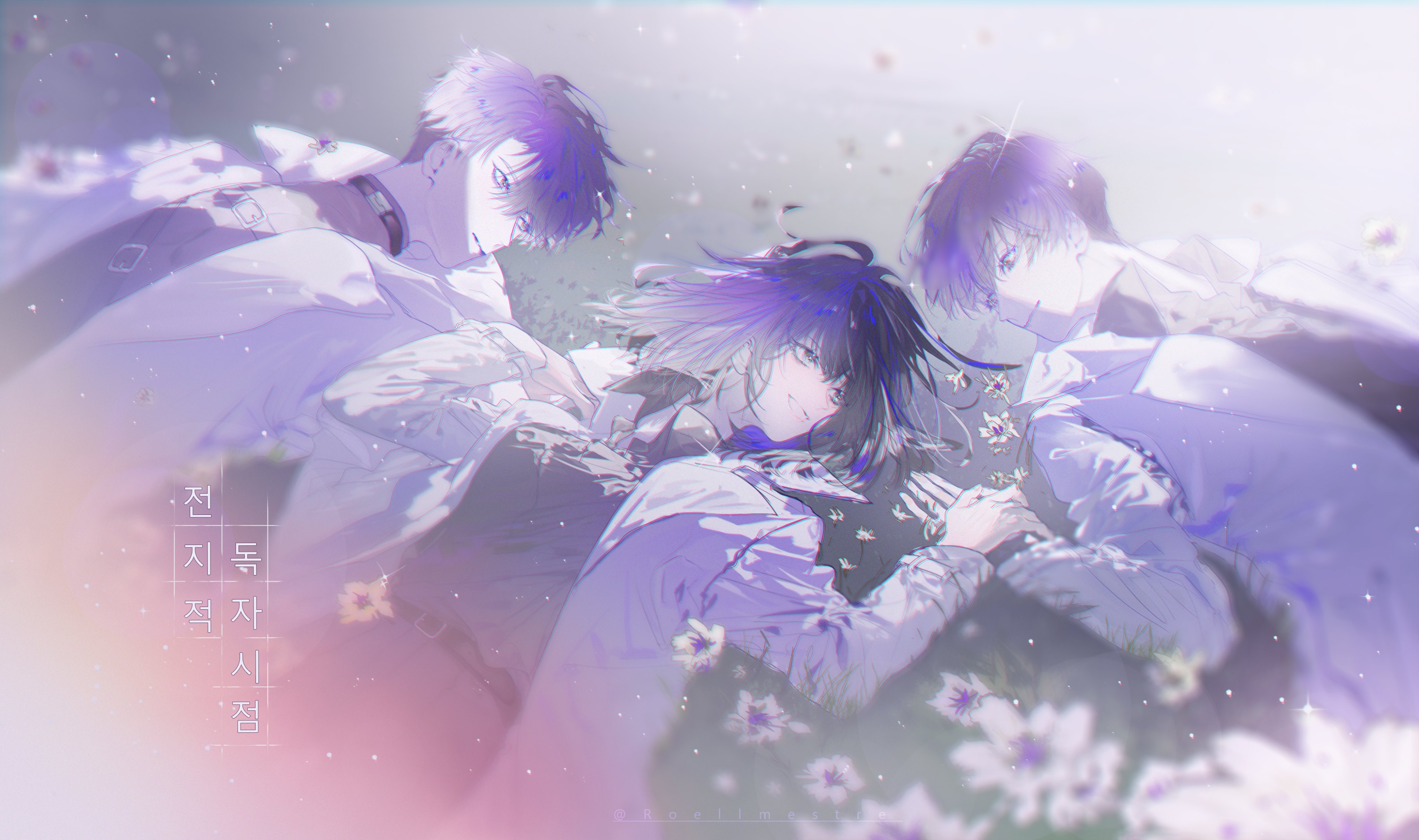 roellm, han sooyoung, kim dokja, yoo joonghyuk, omniscient reader's viewpoint, absurdres, flower request, highres, 1girl, 2boys, belt, black eyes, black hair, black shirt, coat, collared shirt, copyright name, cowboy shot, flower, grin, holding hands, korean text, light particles, looking at another, lying, matching outfits, multiple boys, on back, on ground, open clothes, open coat, popped collar, shirt, shirt tucked in, short hair, smile, too many flowers, white coat
