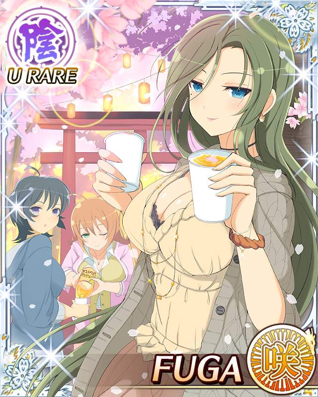 chiyo (senran kagura), fuga (senran kagura), kosuzu (senran kagura), senran kagura, senran kagura new wave, game cg, official art, 3girls, ahoge, black hair, blue eyes, blue hoodie, border, breasts, brown skirt, card (medium), cardigan, character name, cherry blossoms, choker, closed mouth, cup, english text, green eyes, green hair, grey sweater, hanami, holding, holding cup, hood, hoodie, incoming gift, juice, large breasts, long hair, looking at viewer, looking back, mole, mole under eye, multiple girls, official alternate costume, one eye closed, open cardigan, open clothes, orange hair, orange juice, petals, picnic, purple eyes, shirt, short hair, skirt, smile, solo focus, spring (season), sweater, yellow shirt