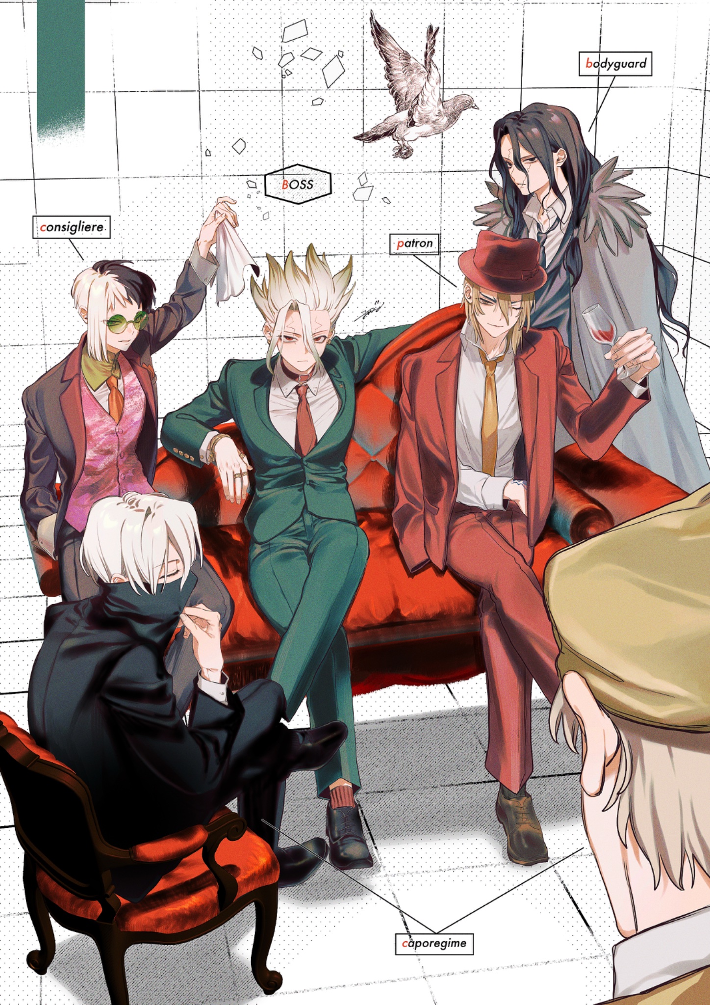 01tiyk, asagiri gen, hyoga (dr. stone), ishigami senkuu, nanami ryuusui, saionji ukyou, shishiou tsukasa, dr. stone, highres, 6+boys, alcohol, armchair, beret, bird, black hair, black jacket, blonde hair, cape, chair, collared shirt, couch, covered mouth, crossed legs, cup, drinking glass, earrings, formal clothes, glass, glasses, green jacket, green necktie, green pants, hand in pocket, hat, holding, holding cup, jacket, jewelry, long hair, long sleeves, looking at another, male focus, mask, mouth mask, multicolored hair, multiple boys, necktie, pants, pink vest, red eyes, red jacket, red necktie, red pants, red vest, ring, shirt, shoes, short hair, sitting, smile, spiked hair, standing, suit, suit jacket, sunglasses, two-tone hair, vest, white hair, white shirt, wine, wine glass, yellow necktie