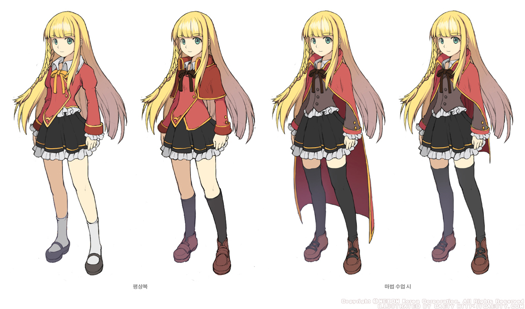 caesty, tichiel juspian, nexon, tales weaver, commentary request, korean commentary, official art, 4girls, ankle socks, arms at sides, artist name, black ribbon, black shoes, black skirt, black socks, black thighhighs, blonde hair, blue eyes, blunt bangs, braid, braided sidelock, brown jacket, brown shoes, brown sleeves, cape, capelet, company name, copyright notice, cross-laced shoes, dated commentary, dual persona, english text, frilled shirt, frilled skirt, frilled sleeves, frills, full body, jacket, juliet sleeves, kneehighs, legs apart, light smile, long hair, long sleeves, looking at viewer, low-braided long hair, low-tied long hair, mary janes, miniskirt, multiple girls, orange ribbon, production art, puffy sleeves, red cape, red capelet, red jacket, red sleeves, ribbon, school uniform, shirt, shoes, sidelocks, simple background, single braid, skirt, socks, standing, thick eyebrows, thighhighs, undershirt, very long hair, watermark, web address, white background, white shirt, white socks, wing collar, yellow trim