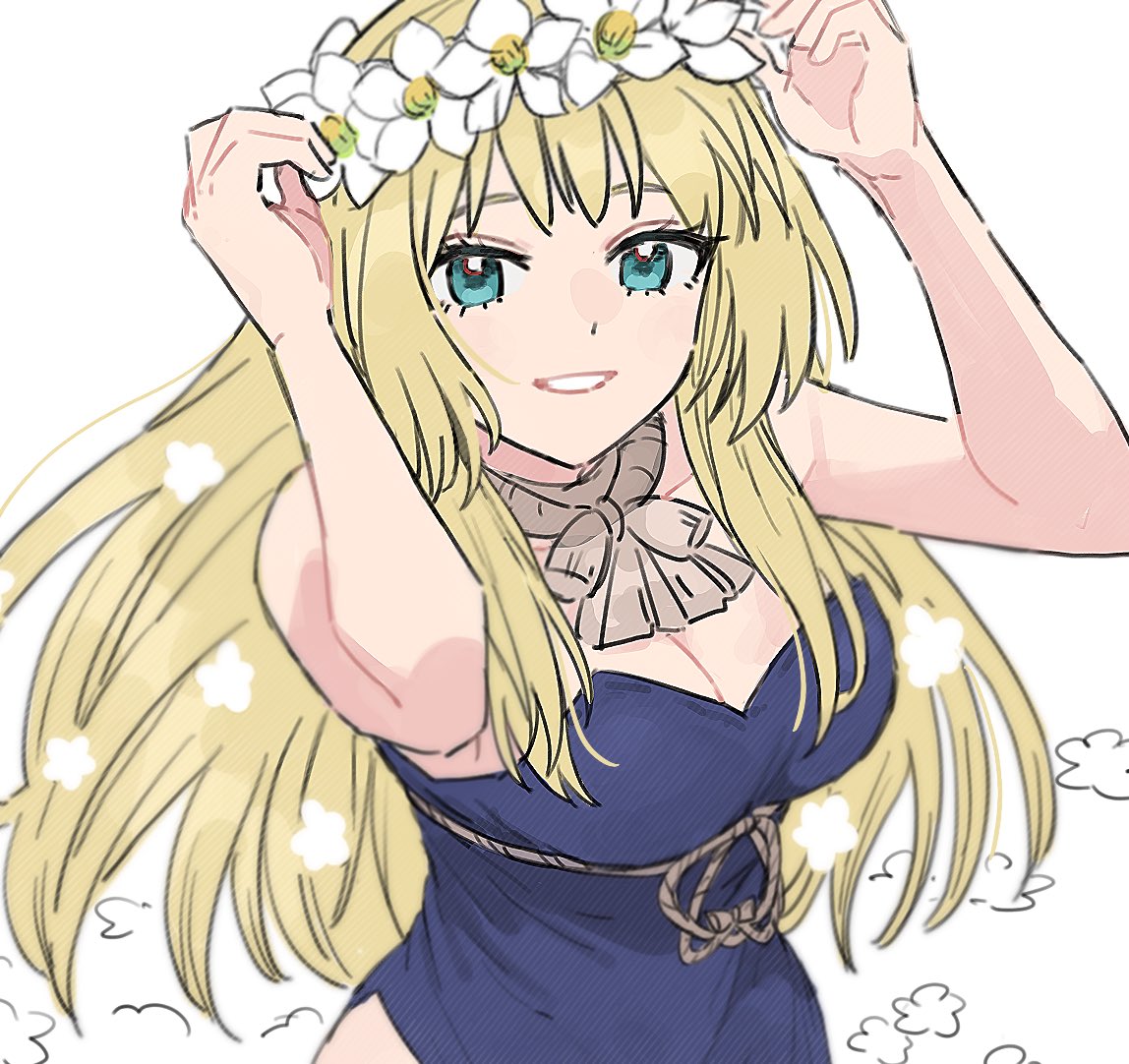 ruri (dr. stone), dr. stone, 1girl, bare shoulders, blonde hair, blue dress, blue eyes, breasts, cleavage, dress, flower, green eyes, grin, head wreath, kani diggy, long hair, looking at viewer, medium breasts, official alternate costume, simple background, smile, solo, strapless, strapless dress, upper body, white background, white flower