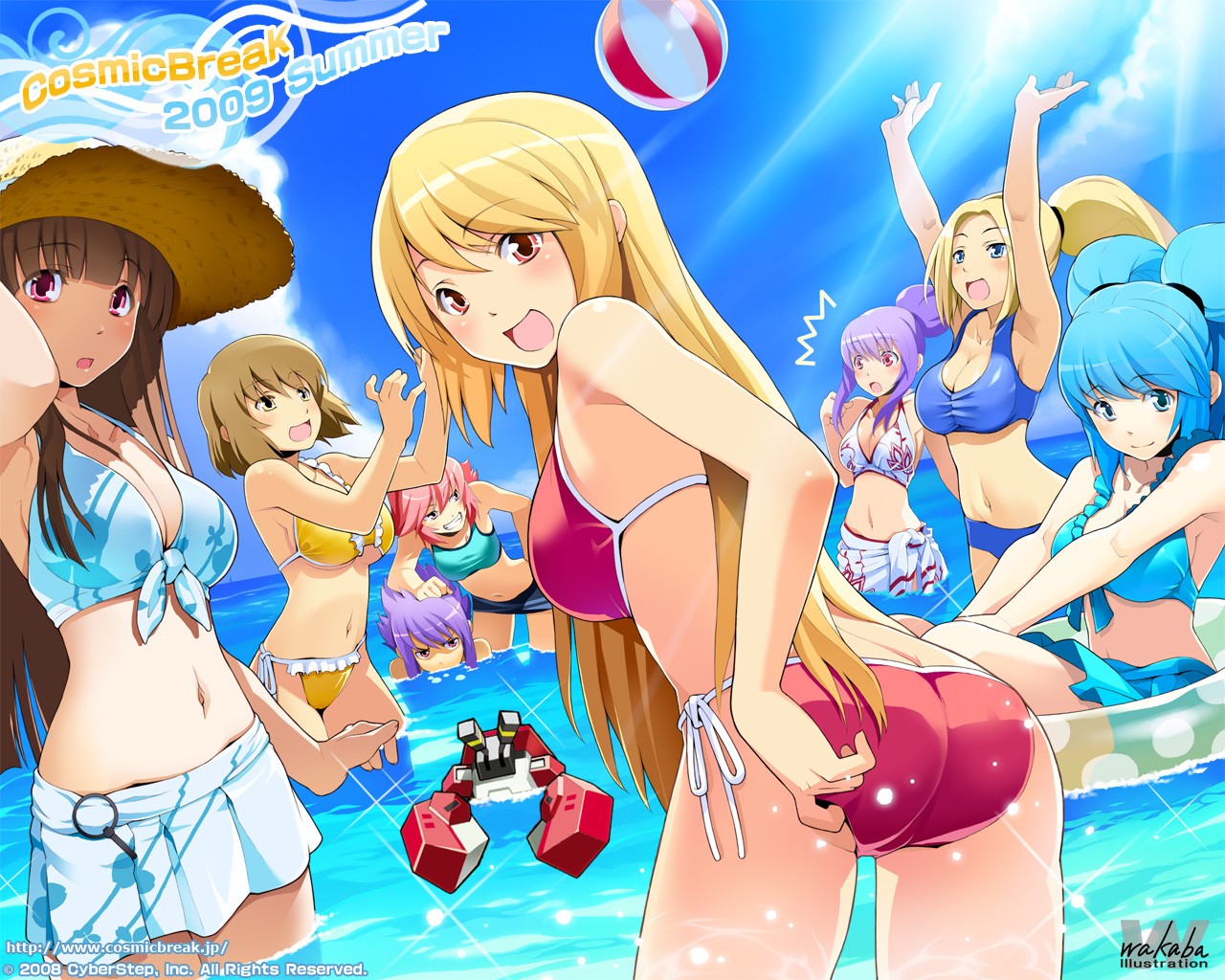 wakaba sprout, crimrose, jikun hu, jikun long, lazflamme, lily rain, rei (cosmic break), thoarla nimbus, winberrl, winberyll, cosmic break, 6+girls, ^^^, adjusting clothes, adjusting swimsuit, arms up, ass, ball, beachball, bikini, blonde hair, blue eyes, blue hair, breasts, brown hair, cleavage, cloud, day, front-tie top, grin, happy, hat, innertube, large breasts, light rays, long hair, looking back, midriff, multiple girls, navel, ocean, open mouth, outdoors, pink hair, ponytail, purple hair, red eyes, red hair, sarong, side-tie bikini bottom, skirt, sky, smile, soar la nimbus, straw hat, sunbeam, sunlight, swim ring, swimsuit, tarabatron, twintails, wading, water, yellow eyes