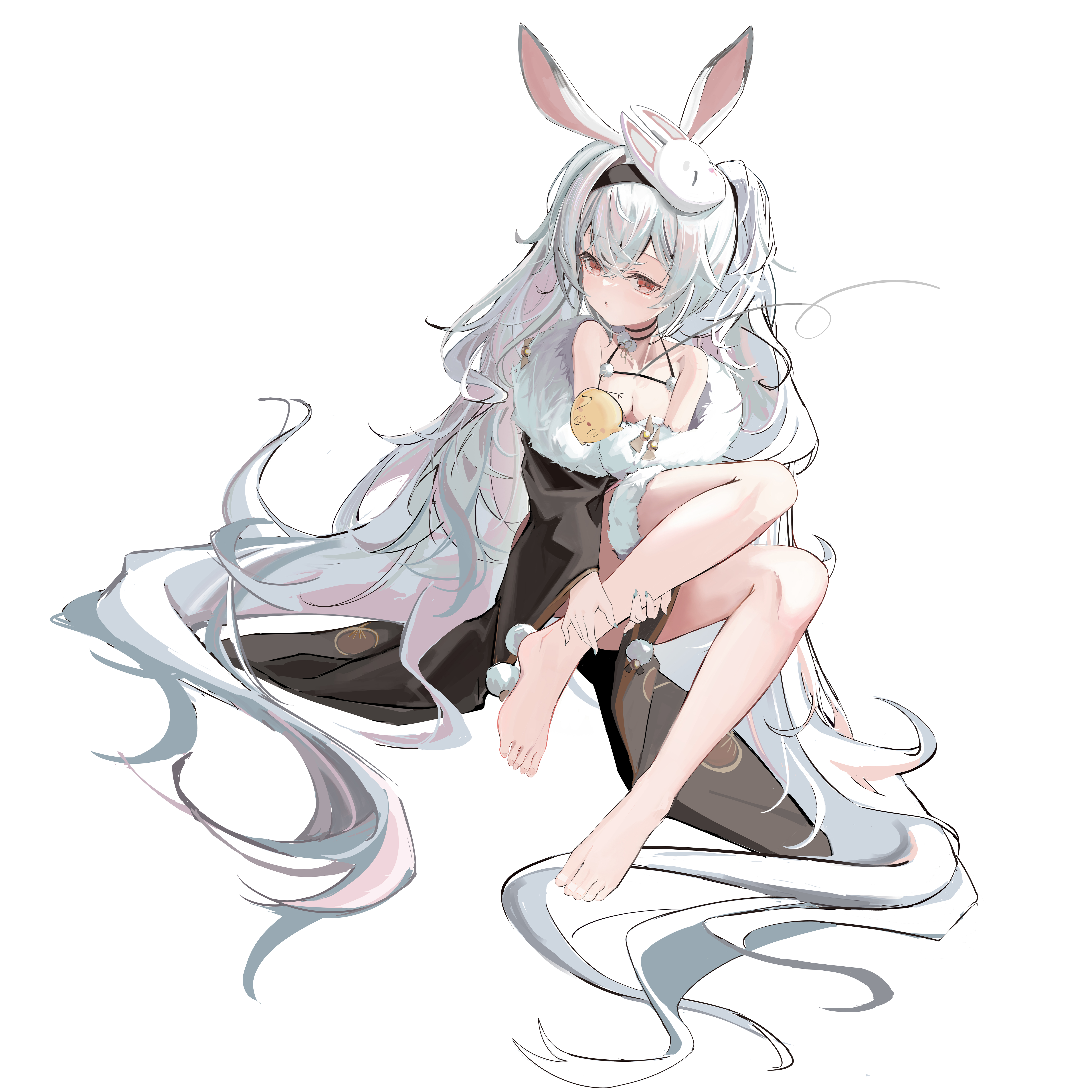 laffey (azur lane), laffey ii (azur lane), laffey ii (lady laffey's languid tour) (azur lane), manjuu (azur lane), azur lane, absurdres, chinese commentary, commentary request, highres, 1girl, :o, @ @, animal ears, bare legs, bare shoulders, barefoot, bell, bow, breasts, collarbone, curled fingers, double-parted bangs, expressionless, eyes visible through hair, fake animal ears, foot dangle, full body, fur-trimmed kimono, fur trim, green bow, hair between eyes, hairband, hands on own legs, holding own leg, hugging own leg, invisible chair, japanese clothes, jingle bell, kimono, knee up, long hair, mask, no nose, nose shade, off shoulder, official alternate costume, parted lips, petite, pom pom (clothes), rabbit ears, rabbit mask, red eyes, red pupils, simple background, sitting, small breasts, solo, symbol-shaped pupils, thigh strap, twintails, unkempt, very long hair, white background, white hair, xiyu (52710106)