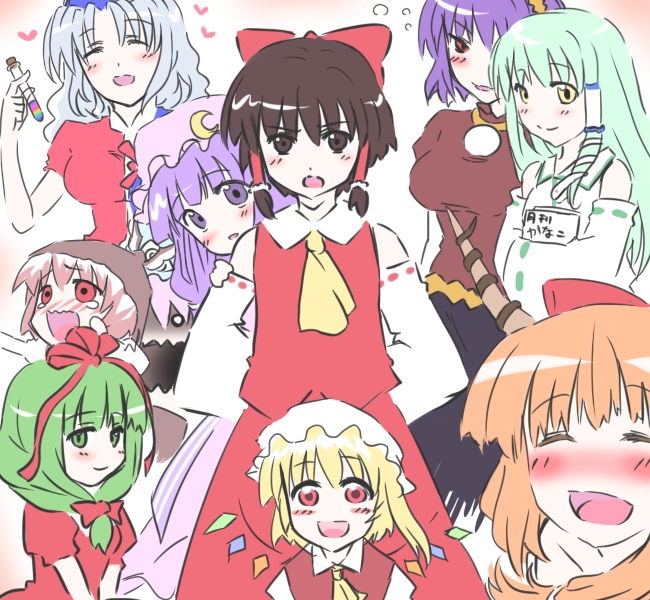 haruichi (komikal), hakurei reimu, ibuki suika, kagiyama hina, kochiya sanae, mystia lorelei, patchouli knowledge, saigyouji yuyuko, yagokoro eirin, yasaka kanako, touhou, silver hair, 6+girls, blonde hair, breasts, brown eyes, brown hair, detached sleeves, female focus, flat color, green eyes, green hair, hair ribbon, hat, heart, horns, japanese clothes, miko, multiple girls, orange hair, pink hair, purple eyes, purple hair, red eyes, ribbon, short hair, skirt, upper body, wings, yellow eyes