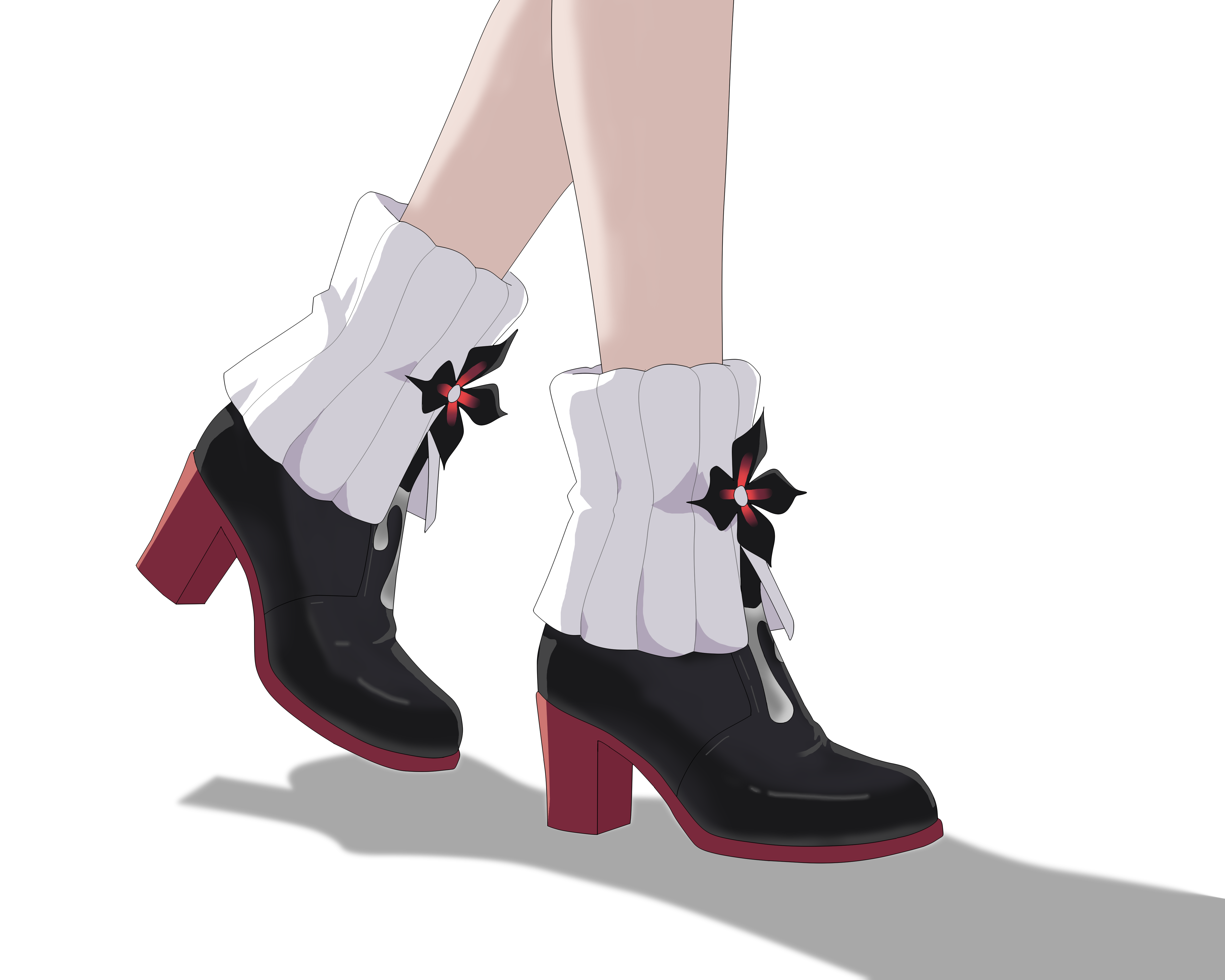 logofon, evernight (honkai: star rail), march 7th (honkai: star rail), honkai: star rail, honkai (series), absurdres, commentary, highres, 1girl, black shoes, feet only, high heels, shadow, shoes, simple background, solo, standing, white background