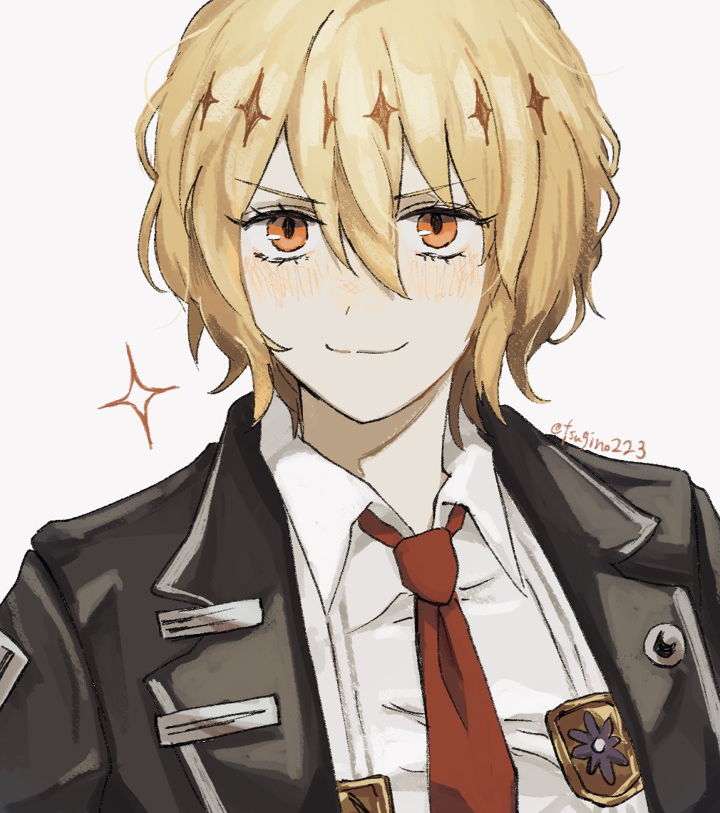 don quixote (project moon), limbus company, project moon, commentary, 1girl, artist name, black jacket, blonde hair, closed mouth, collared shirt, eyelashes, hair between eyes, jacket, looking at viewer, necktie, orange eyes, red necktie, shirt, short hair, simple background, smile, solo, sparkle, tsugino223, twitter username, upper body, white background, white shirt